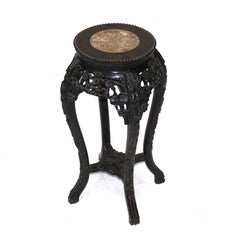 Antique Chinese Foliate Carved Hardwood Marble Top Stand C1920