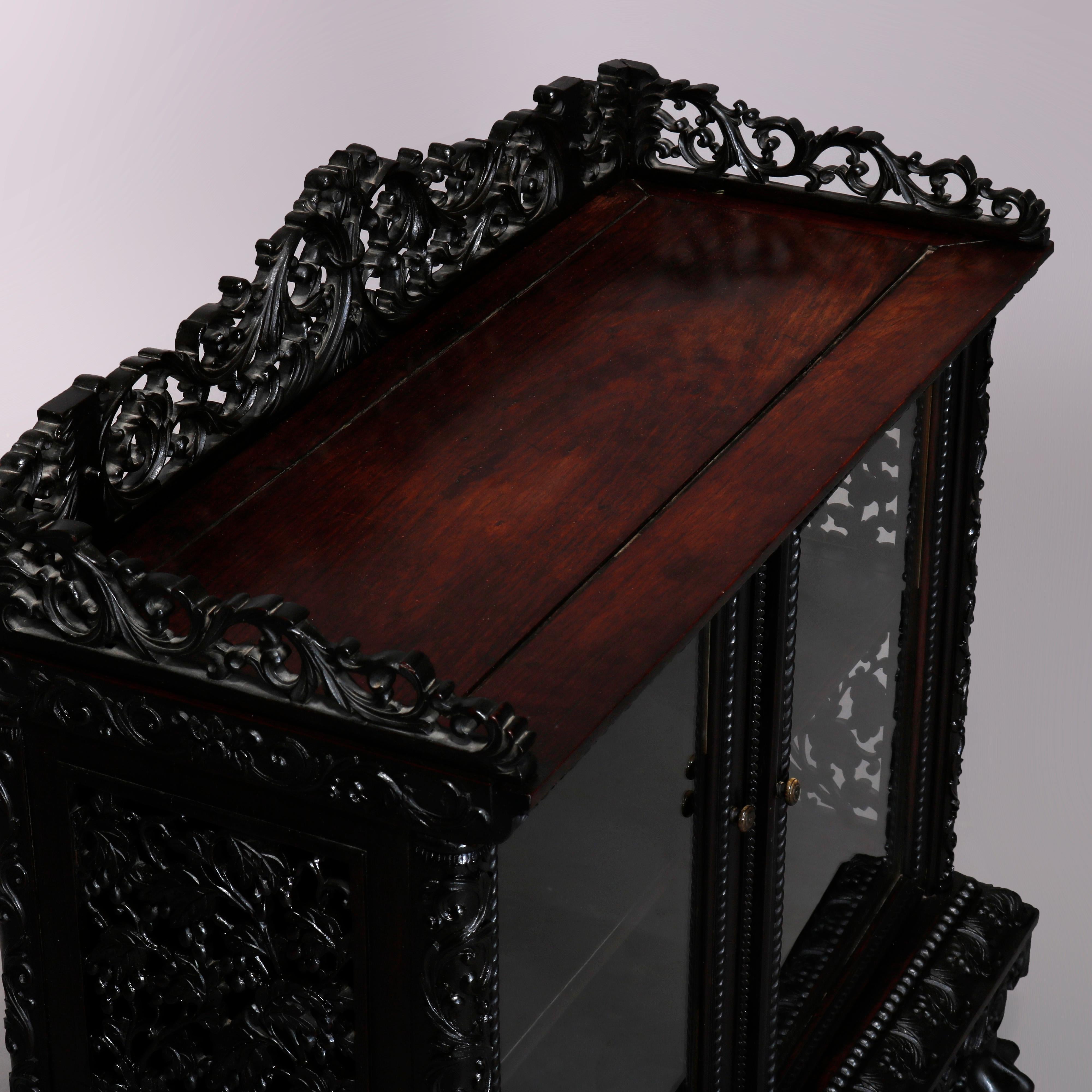 Glass Antique Chinese Foliate Carved Rosewood Double Door Tea Cabinet, 19th Century