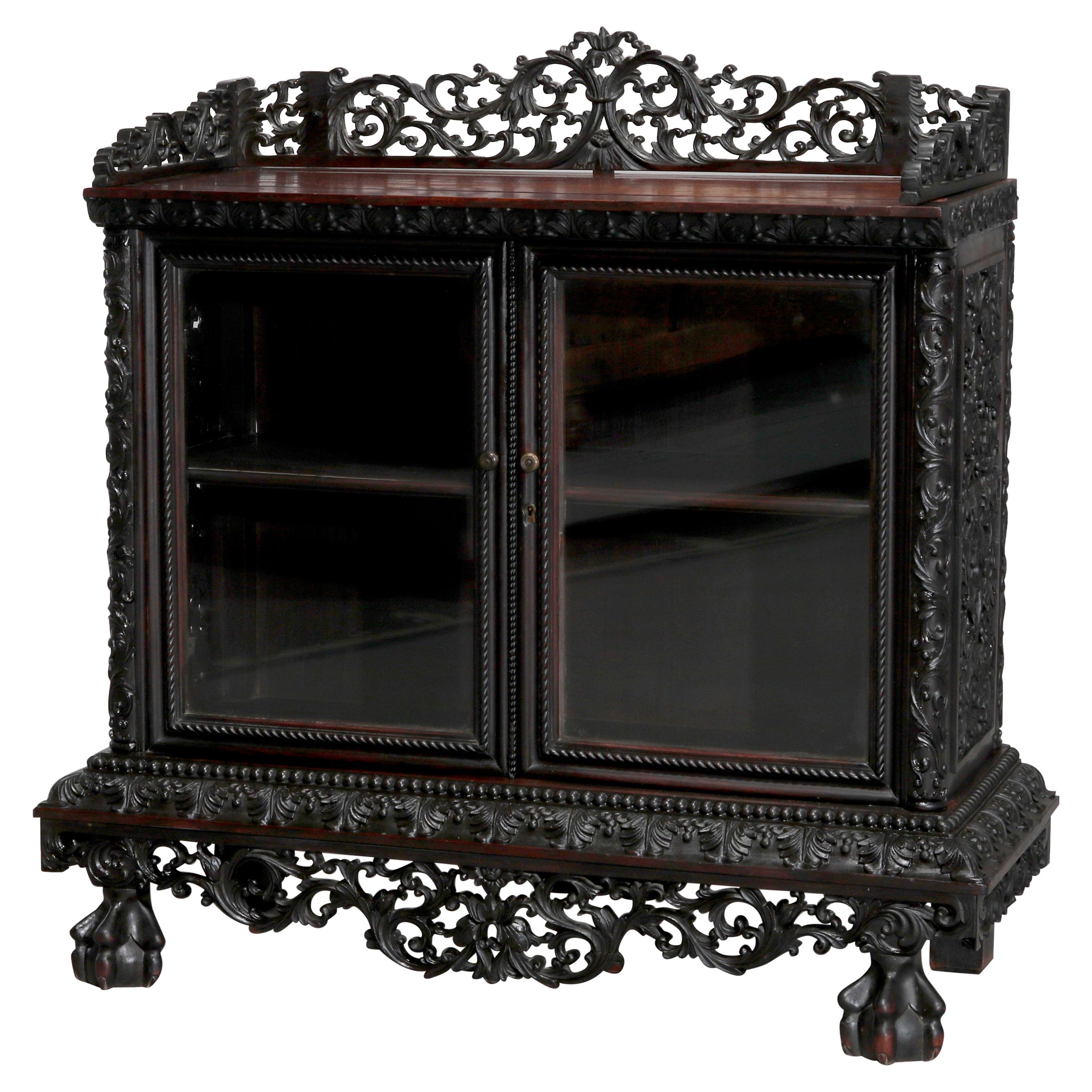 Antique Chinese Foliate Carved Rosewood Double Door Tea Cabinet, 19th Century