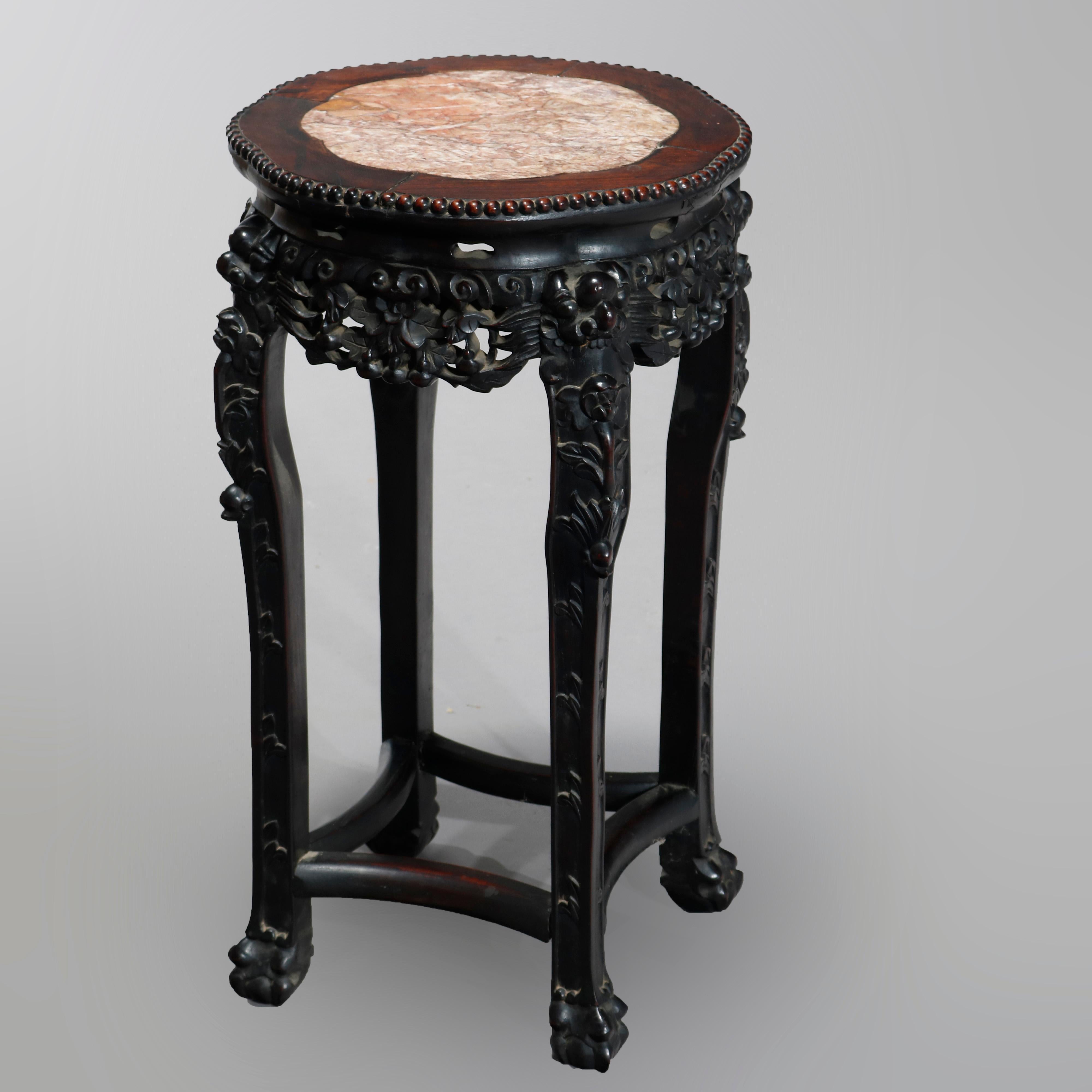 Antique Chinese Foliate Carved Rosewood Marble Top Side Table, circa 1920 In Good Condition In Big Flats, NY