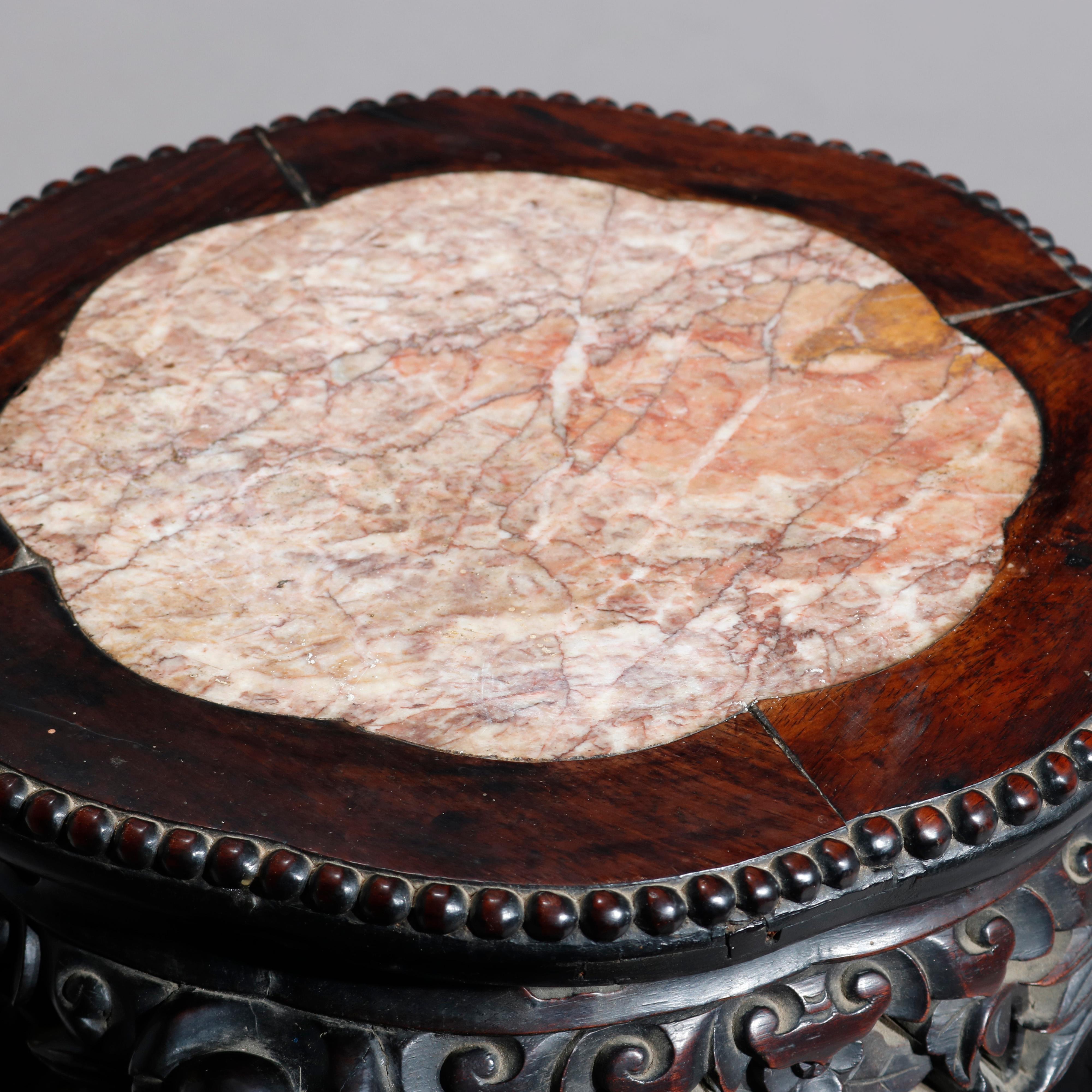 20th Century Antique Chinese Foliate Carved Rosewood Marble Top Side Table, circa 1920