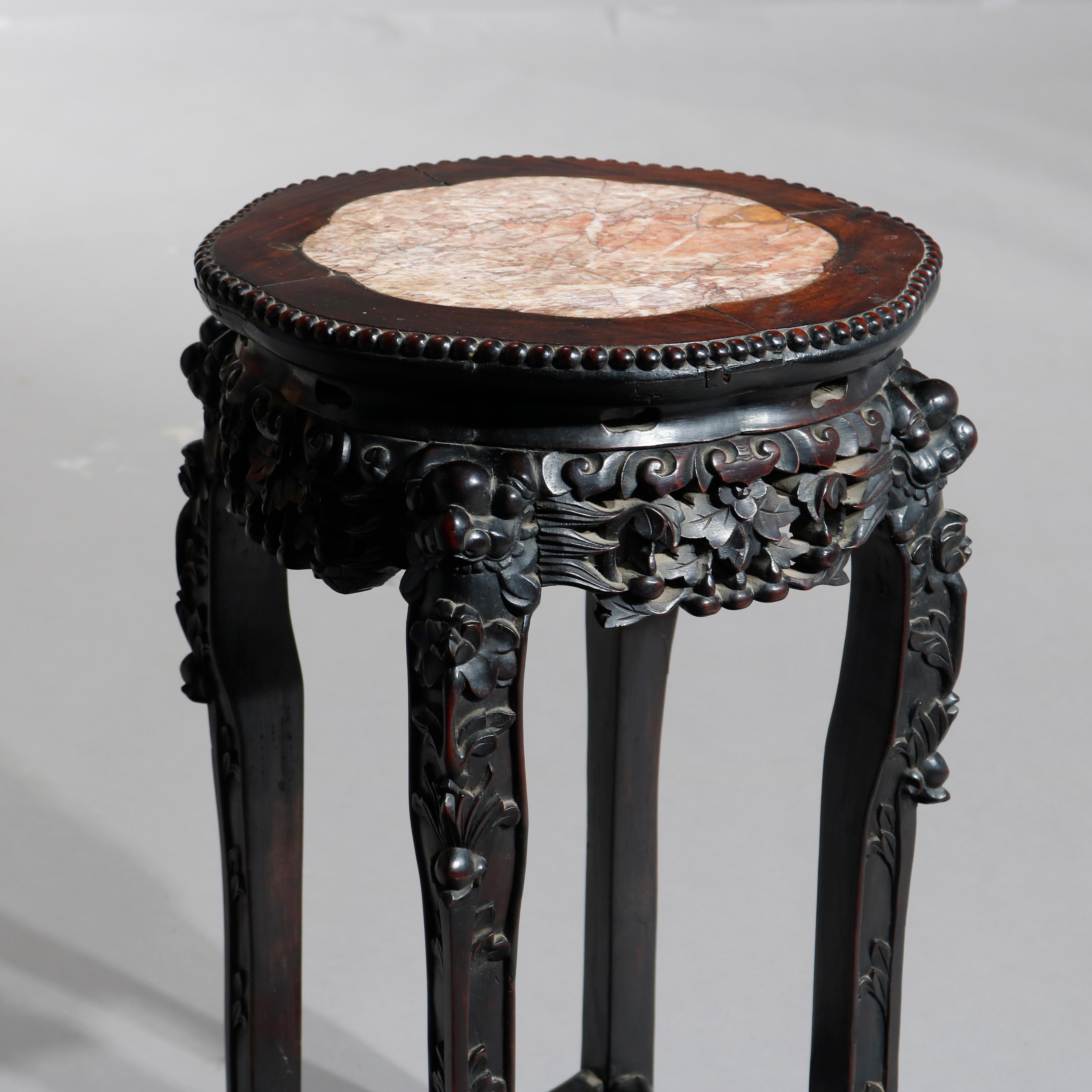 Antique Chinese Foliate Carved Rosewood Marble Top Side Table, circa 1920 1