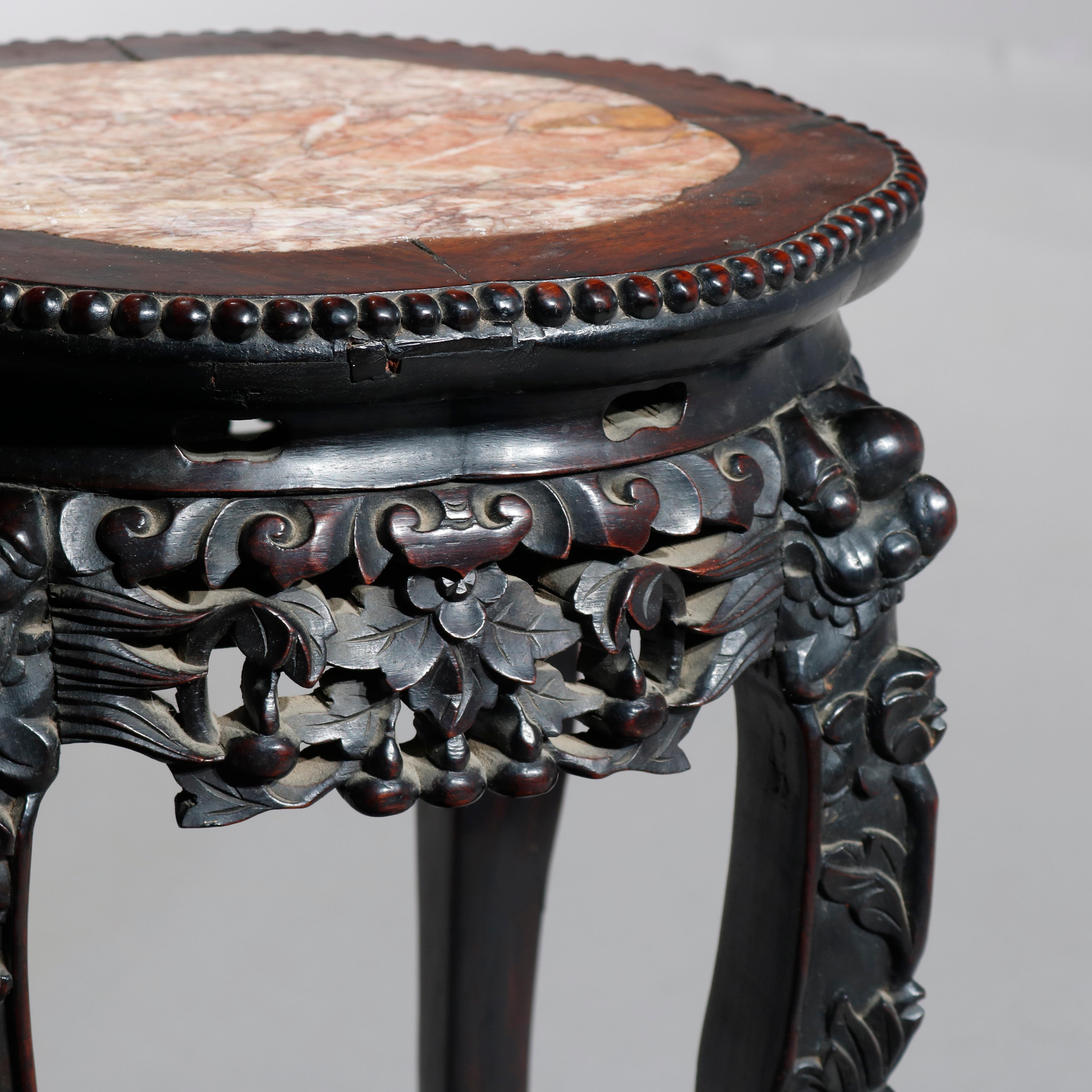 Antique Chinese Foliate Carved Rosewood Marble Top Side Table, circa 1920 2