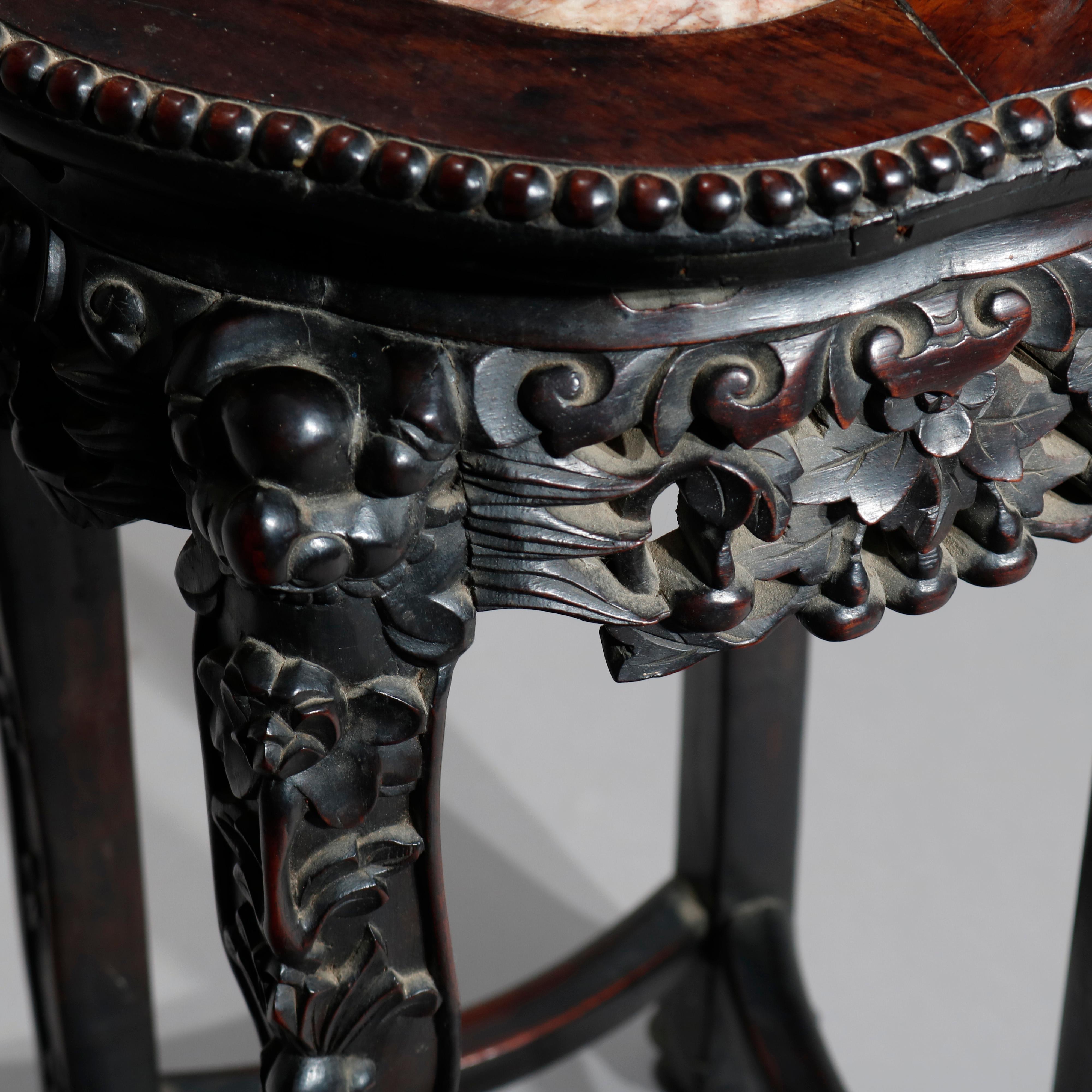 Antique Chinese Foliate Carved Rosewood Marble Top Side Table, circa 1920 3