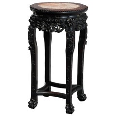 Antique Chinese Foliate Carved Rosewood Marble Top Side Table, circa 1920