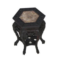 Antique Chinese Foliate Carved Rosewood & Rouge Marble Plant Stand C1900