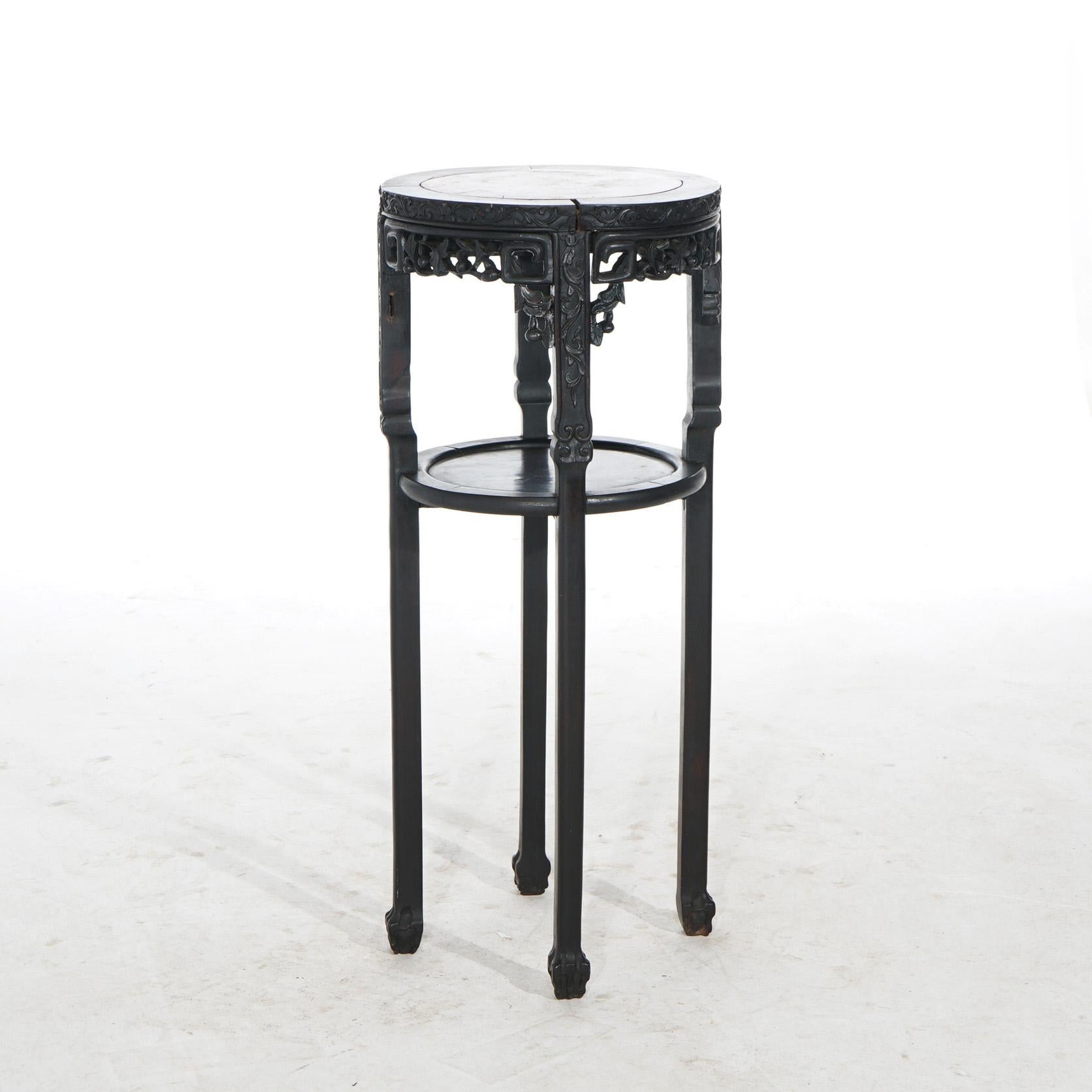 Antique Chinese Foliate Carved Rosewood & Rouge Marble Plant Stand C1900 In Good Condition In Big Flats, NY