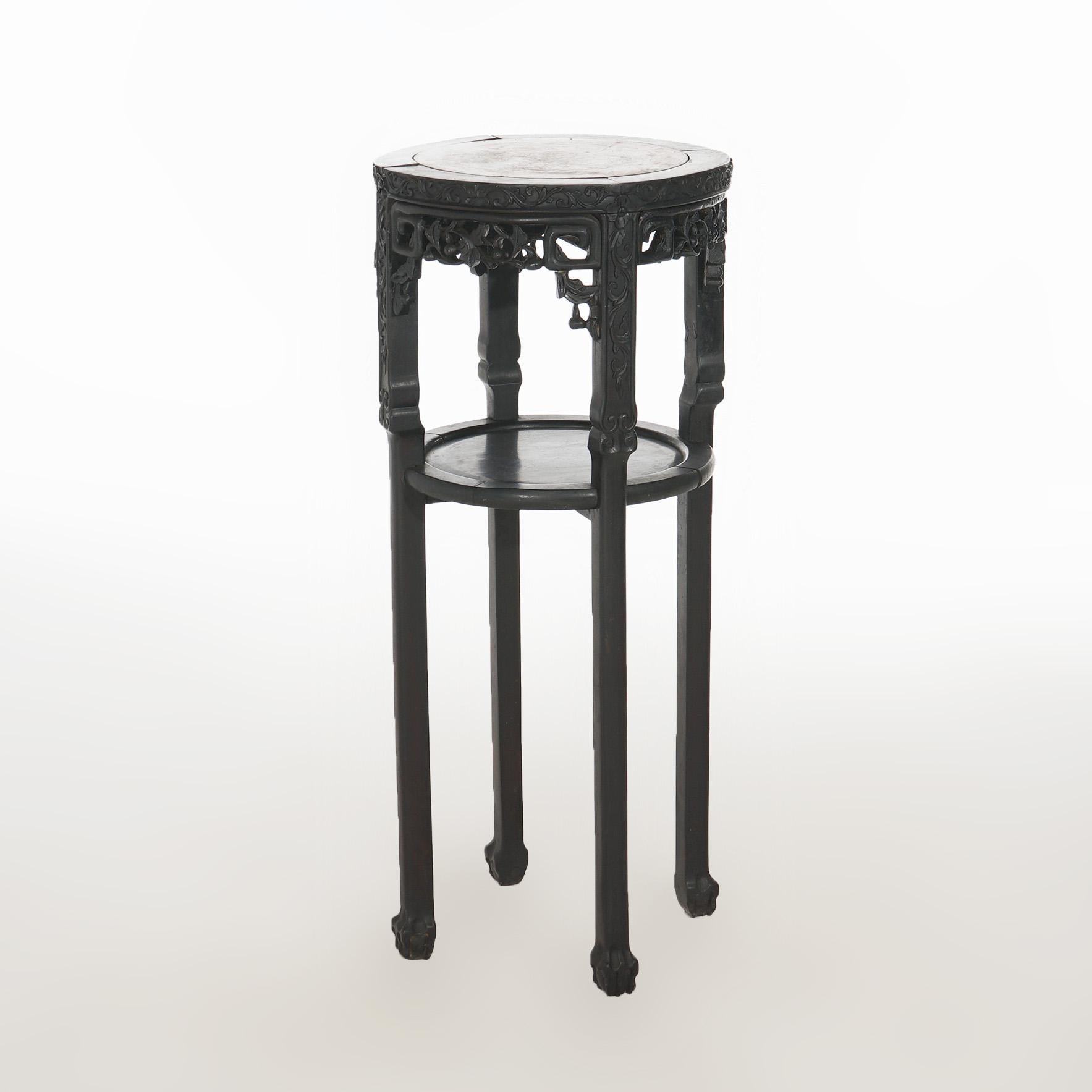 20th Century Antique Chinese Foliate Carved Rosewood & Rouge Marble Plant Stand C1900
