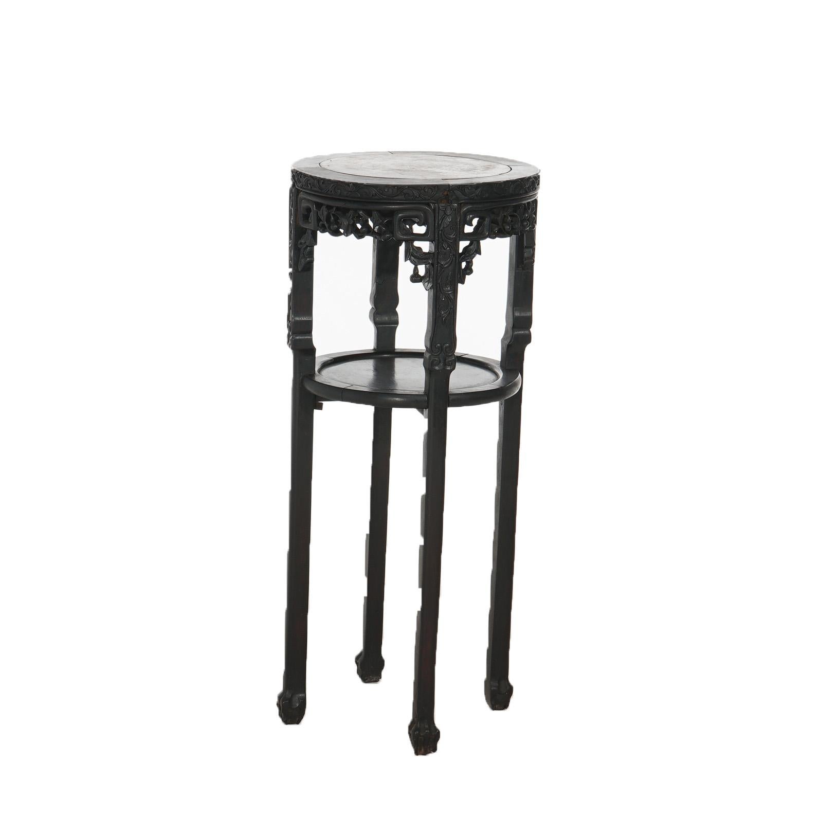 Antique Chinese Foliate Carved Rosewood & Rouge Marble Plant Stand C1900 3