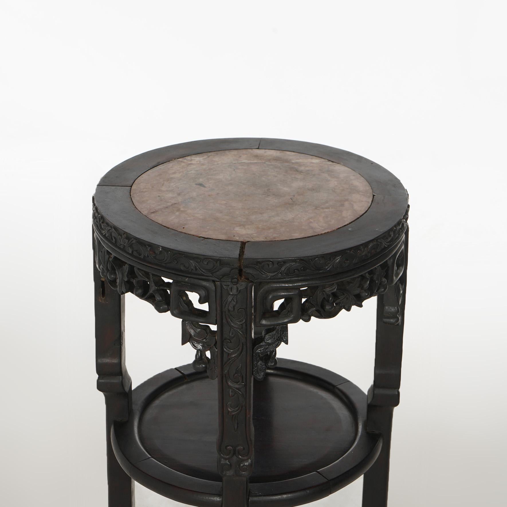 Antique Chinese Foliate Carved Rosewood & Rouge Marble Plant Stand C1900 4