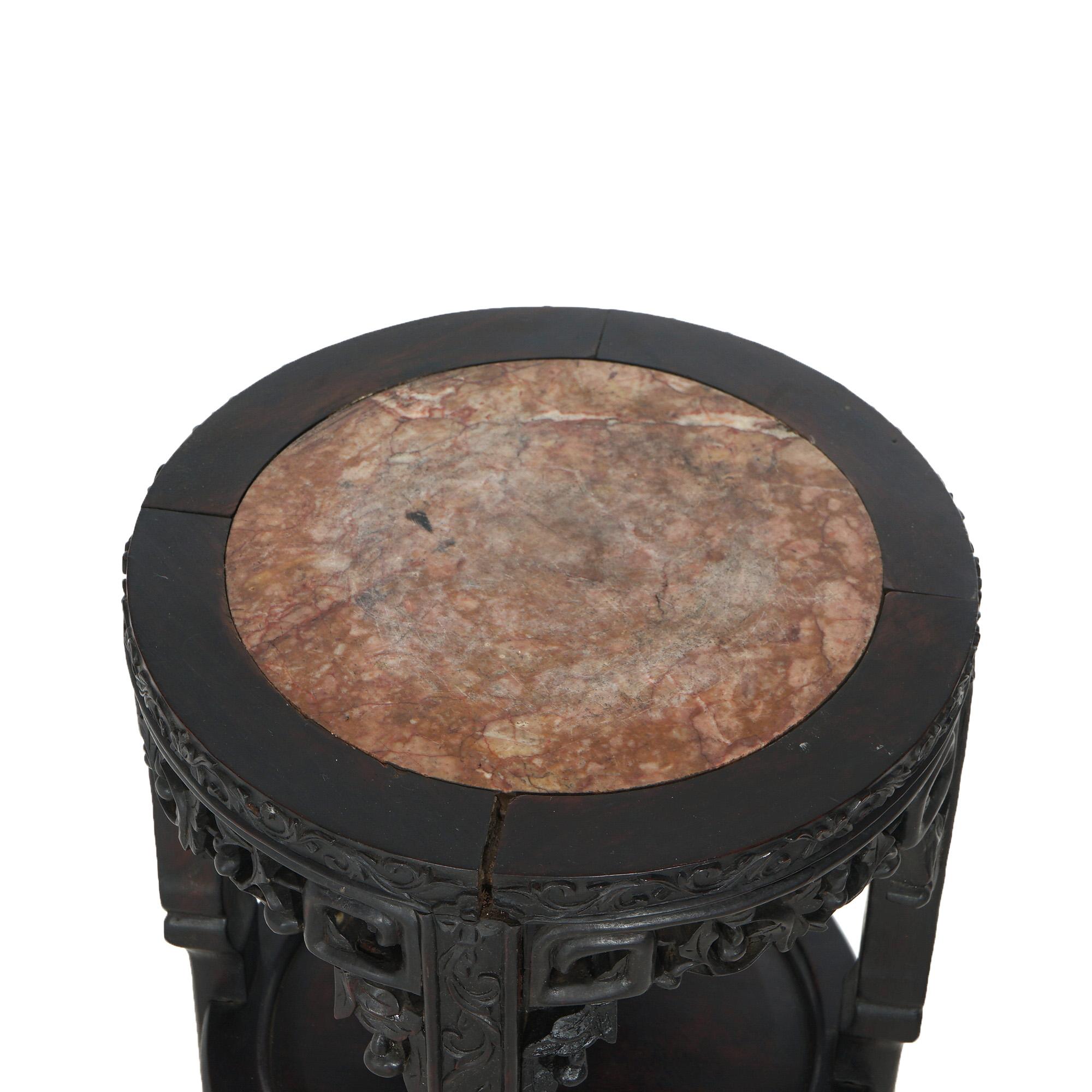 Antique Chinese Foliate Carved Rosewood & Rouge Marble Plant Stand C1900 5