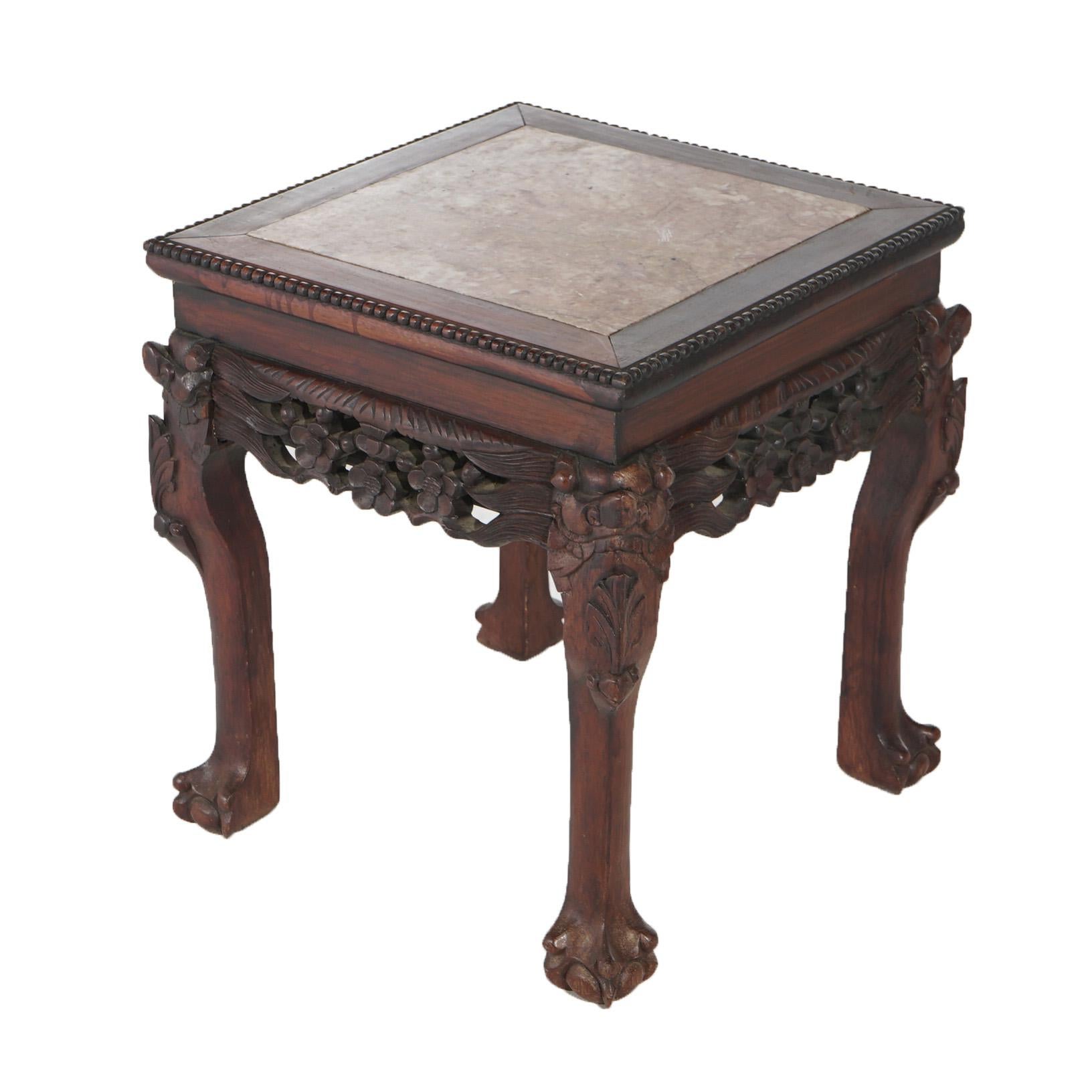 Antique Chinese Foliate Carved Rosewood & Rouge Marble Side Table with Claw & Ball Feet C1910

Measures- 18.25''H x 16.5''W x 16.5''D