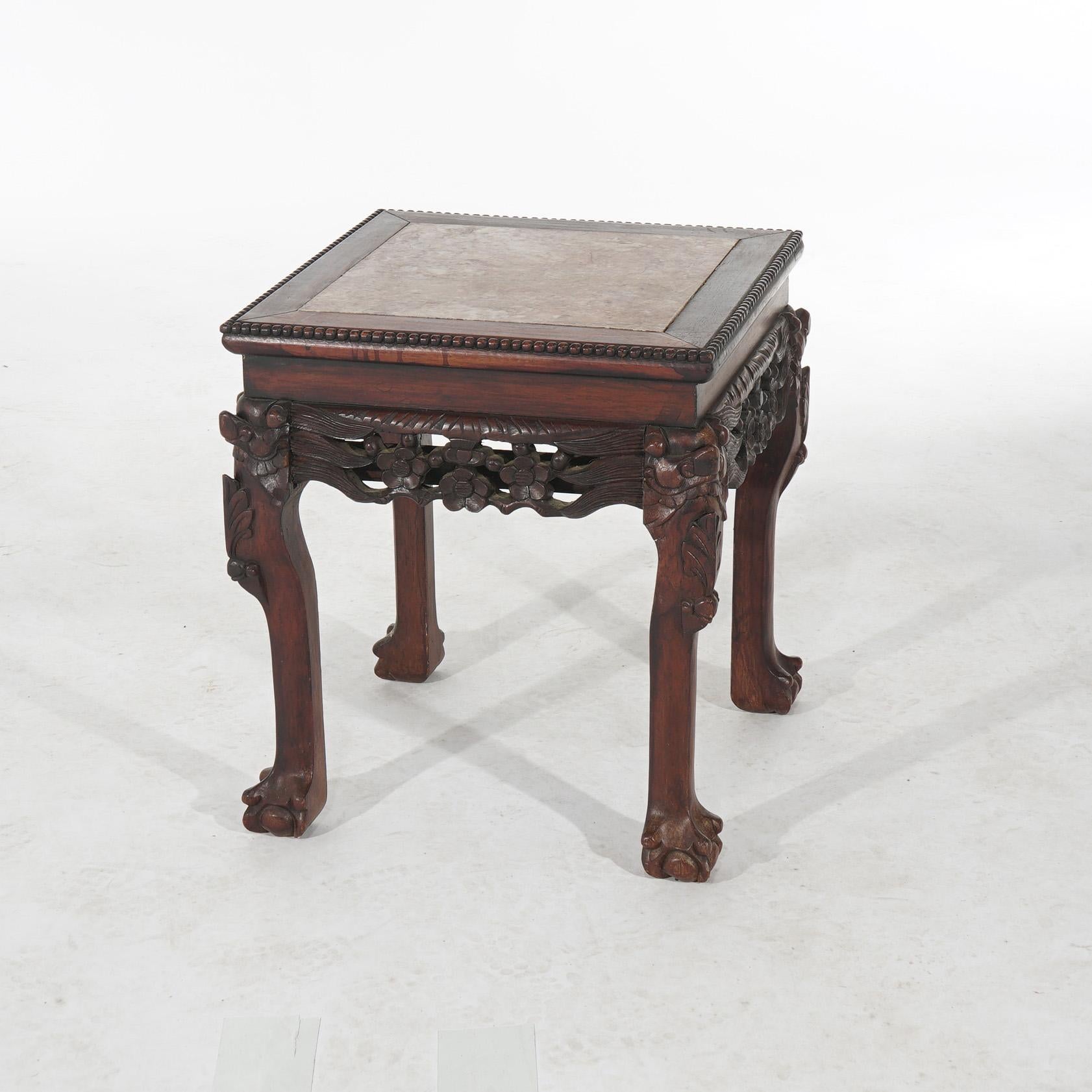 Asian Antique Chinese Foliate Carved Rosewood & Rouge Marble Side Table C1910 For Sale