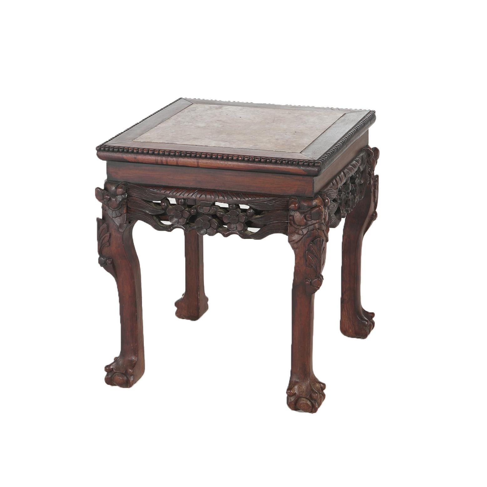 Antique Chinese Foliate Carved Rosewood & Rouge Marble Side Table C1910 In Good Condition For Sale In Big Flats, NY