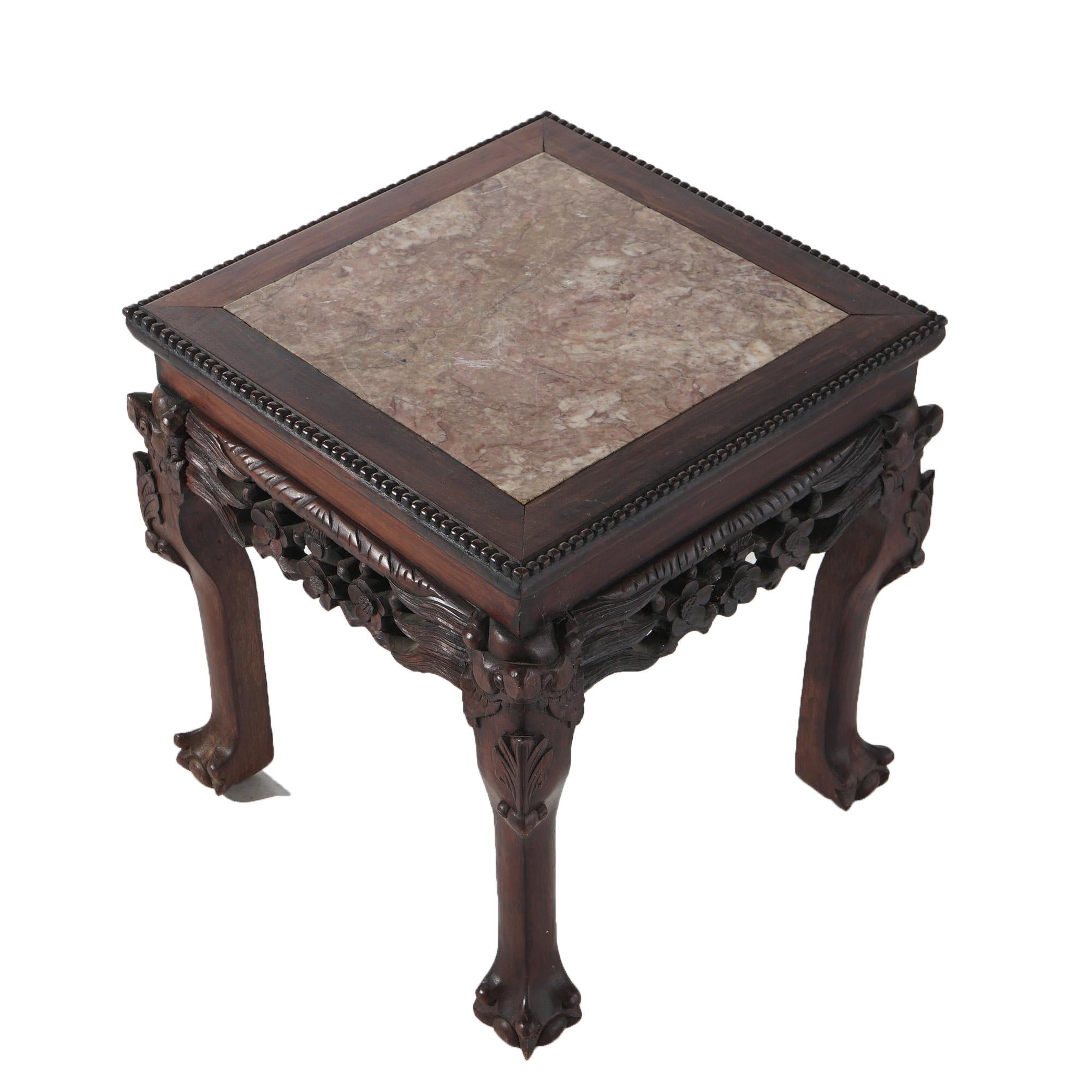 20th Century Antique Chinese Foliate Carved Rosewood & Rouge Marble Side Table C1910 For Sale