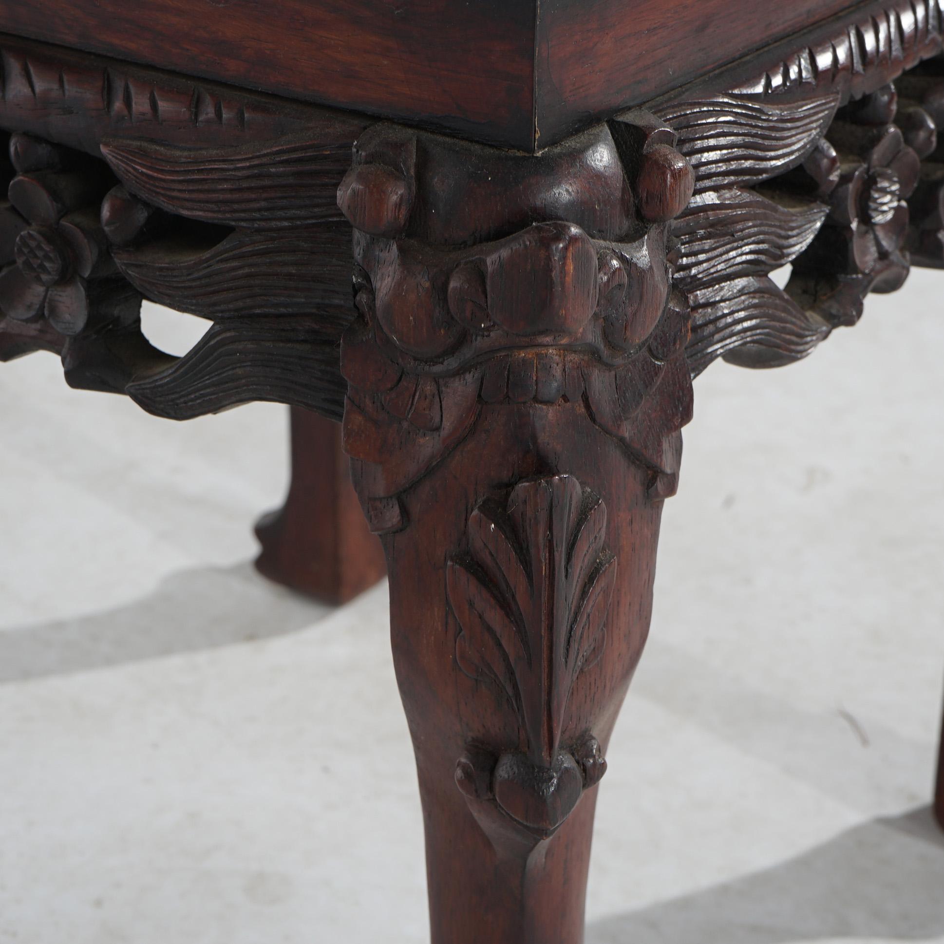 Antique Chinese Foliate Carved Rosewood & Rouge Marble Side Table C1910 For Sale 2