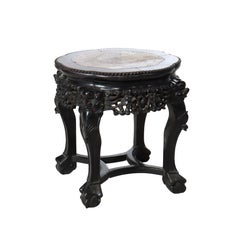 Antique Chinese Foliate Carved Rosewood Rouge Marble Top Stand c1920