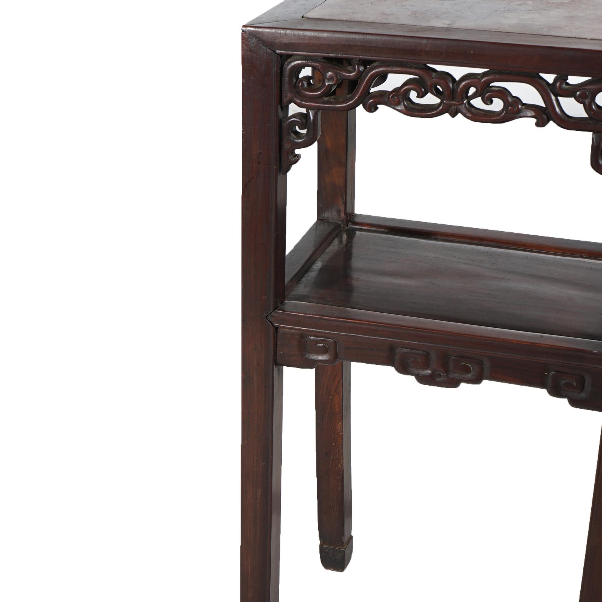 Asian Antique Chinese Foliate Carved Rosewood Rouge Marble Top Stand C1920