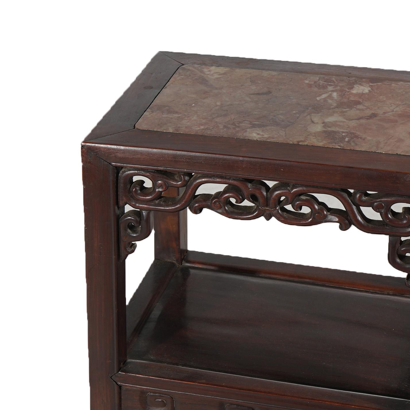 Hand-Carved Antique Chinese Foliate Carved Rosewood Rouge Marble Top Stand C1920