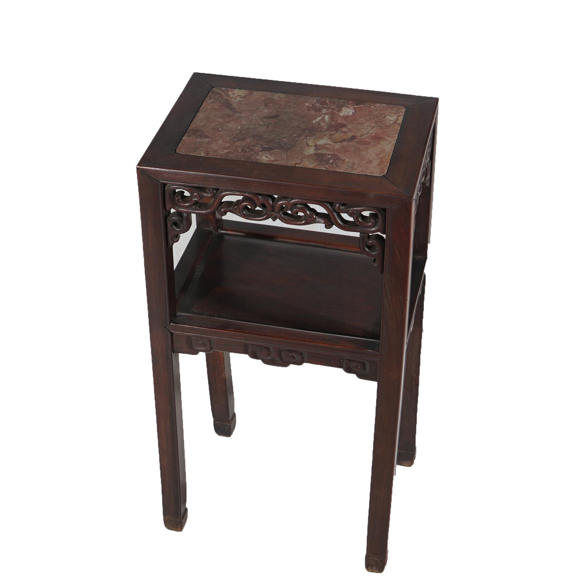 Antique Chinese Foliate Carved Rosewood Rouge Marble Top Stand C1920 In Good Condition In Big Flats, NY