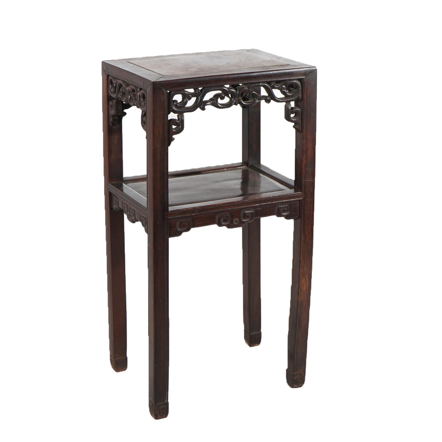 20th Century Antique Chinese Foliate Carved Rosewood Rouge Marble Top Stand C1920