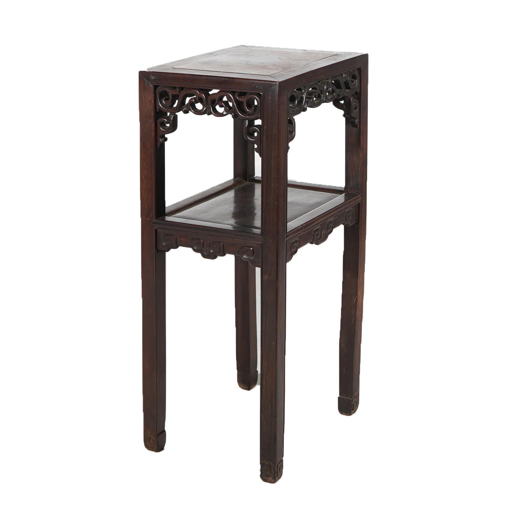 Antique Chinese Foliate Carved Rosewood Rouge Marble Top Stand C1920 1
