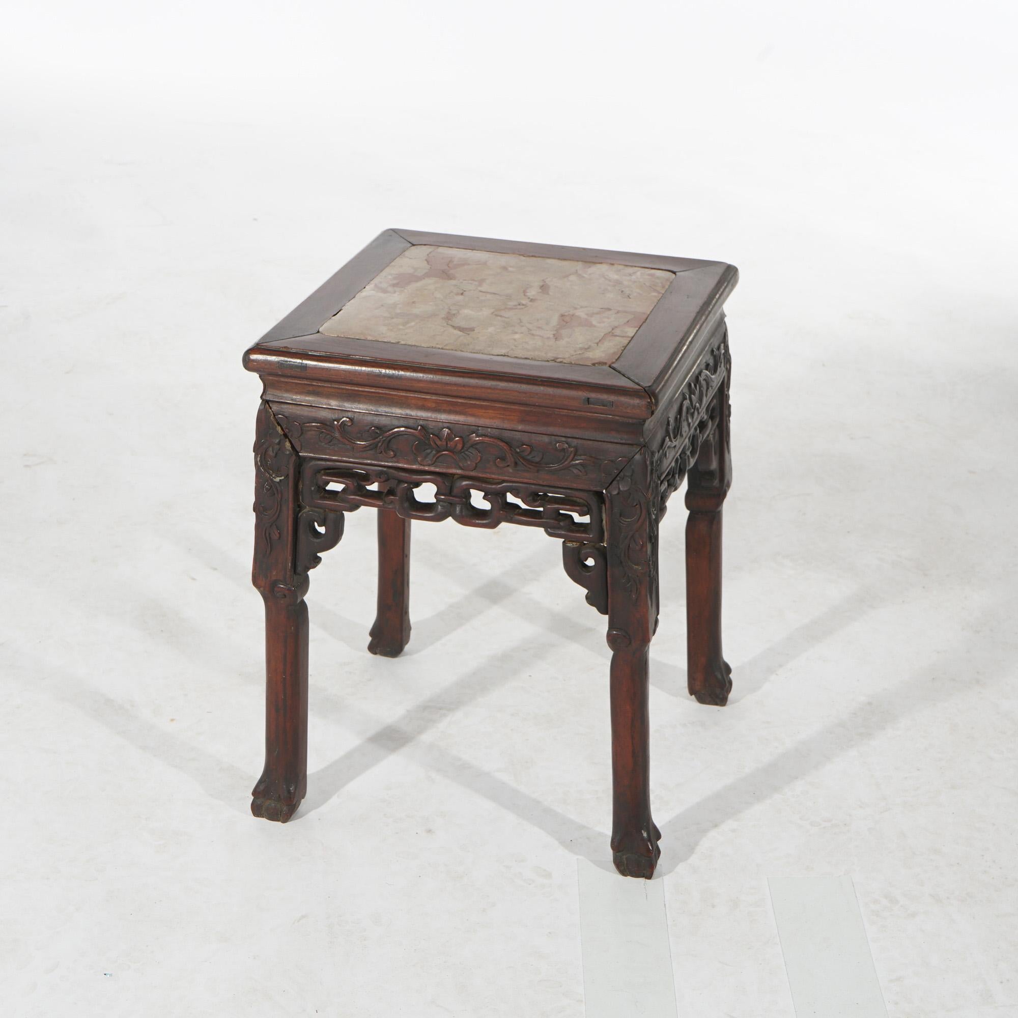 Antique Chinese Foliate Carved Rosewood Stand with Inset Rouge Marble Top C1910

Measures- 18''H x 14.5''W x 14.5''D