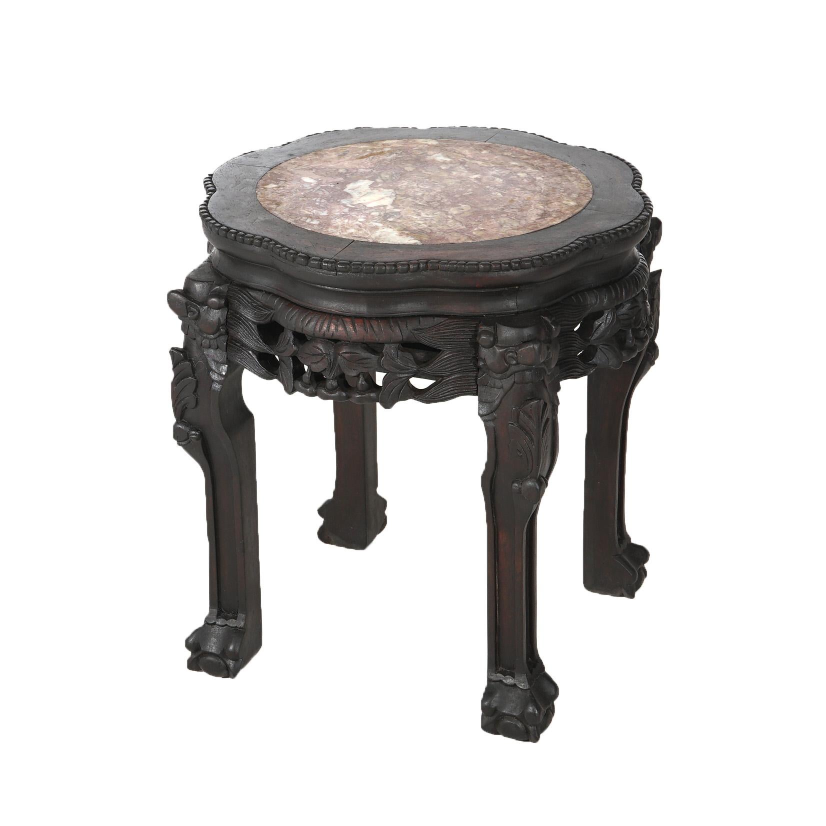 Antike chinesische Blattwerk geschnitzt Rosewood Stand mit Inset Rouge Marmorplatte C1910

Maße - 17,75 