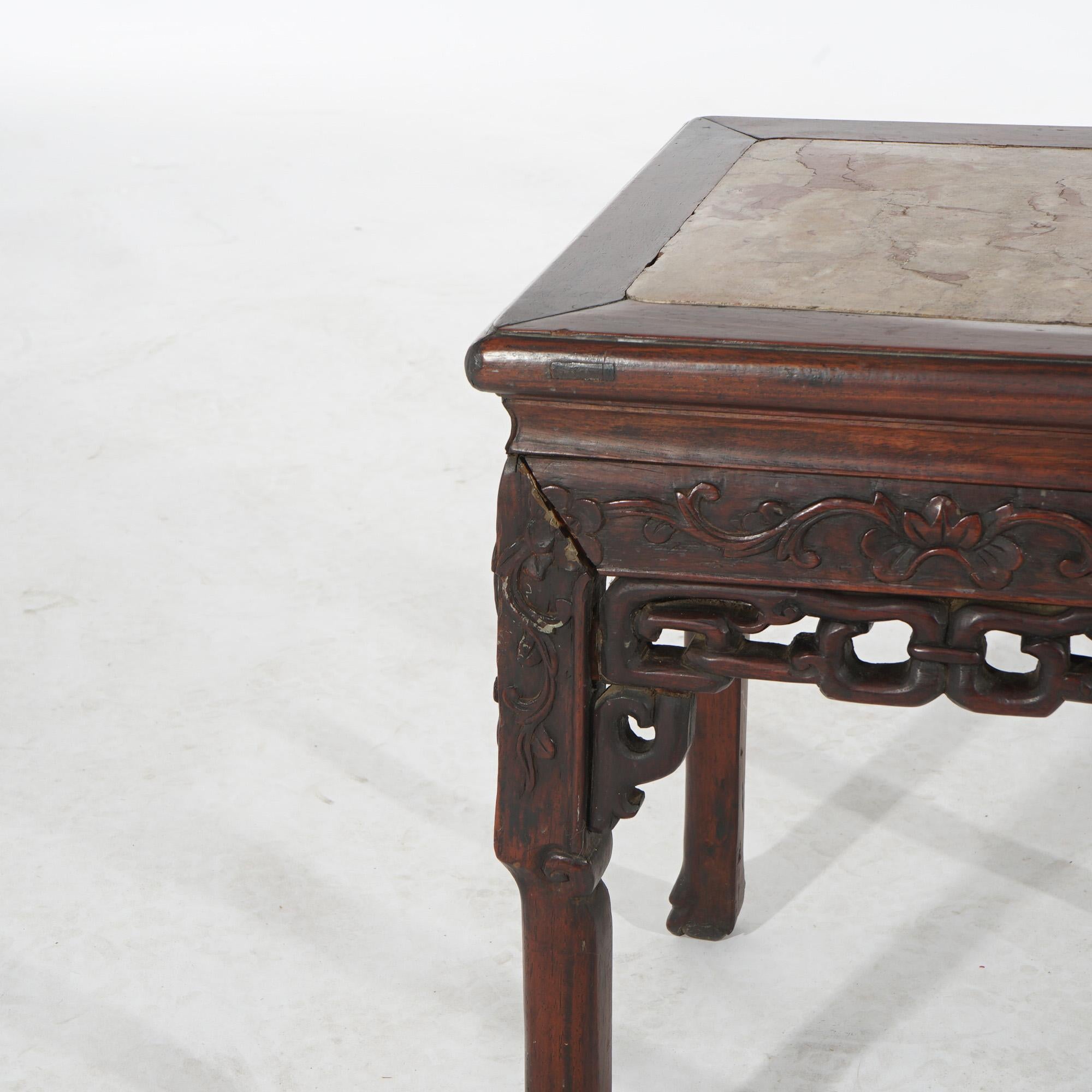 Asian Antique Chinese Foliate Carved Rosewood Stand with Inset Rouge Marble Top C1910 For Sale