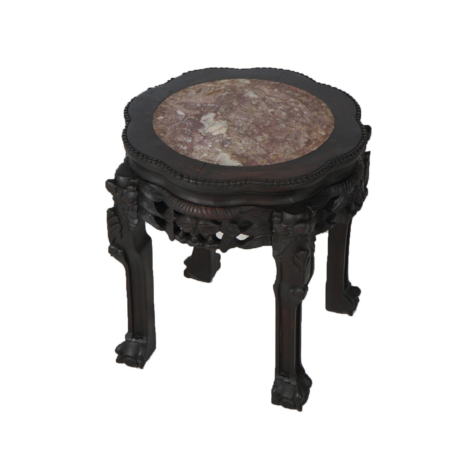 Asian Antique Chinese Foliate Carved Rosewood Stand with Inset Rouge Marble Top C1910 For Sale