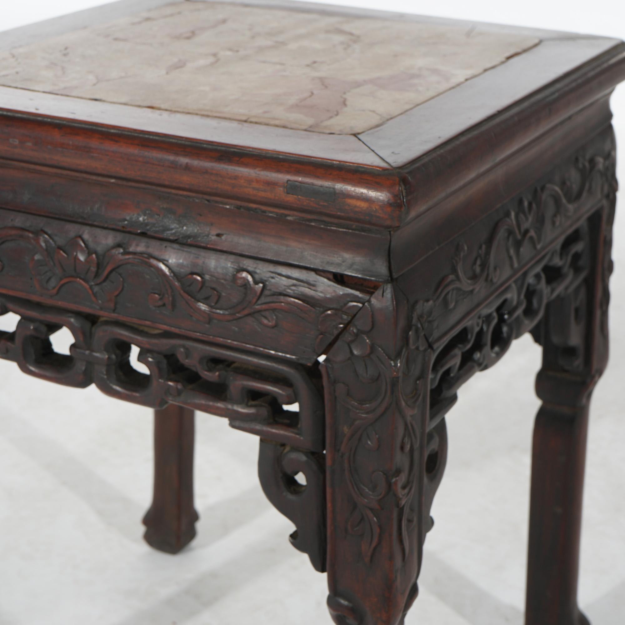 Antique Chinese Foliate Carved Rosewood Stand with Inset Rouge Marble Top C1910 In Good Condition For Sale In Big Flats, NY