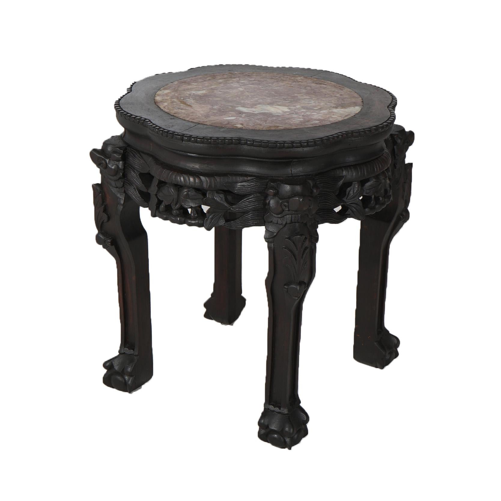 Antique Chinese Foliate Carved Rosewood Stand with Inset Rouge Marble Top C1910 In Good Condition For Sale In Big Flats, NY