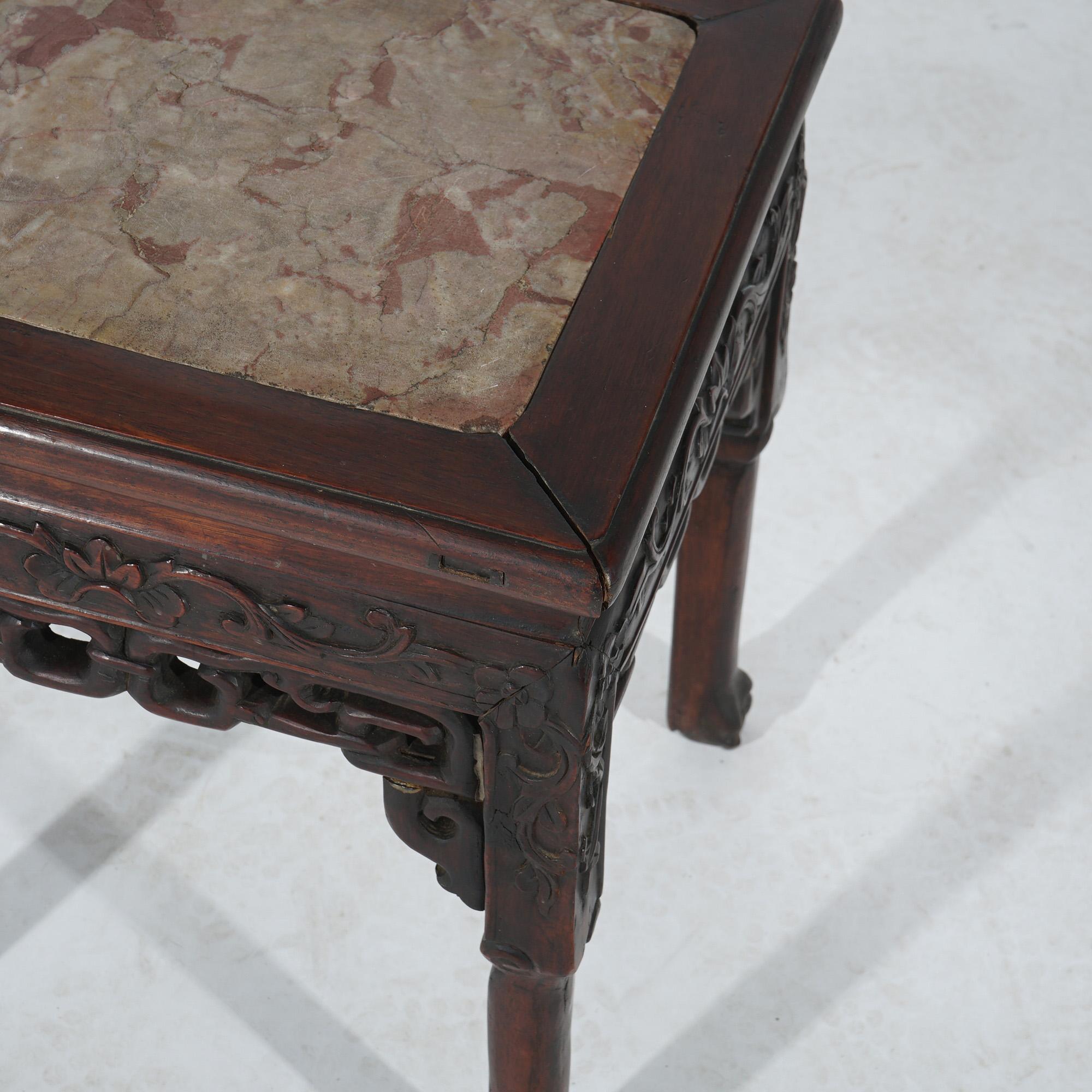 20th Century Antique Chinese Foliate Carved Rosewood Stand with Inset Rouge Marble Top C1910 For Sale