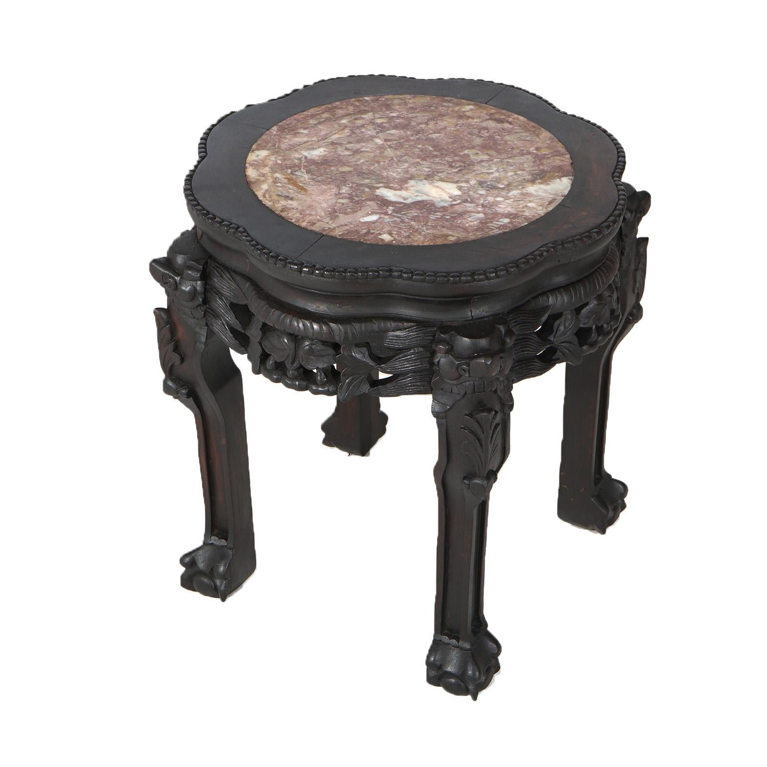 Antike chinesische Blattwerk geschnitzt Rosewood Stand mit Inset Rouge Marmorplatte C1910 im Zustand „Gut“ im Angebot in Big Flats, NY