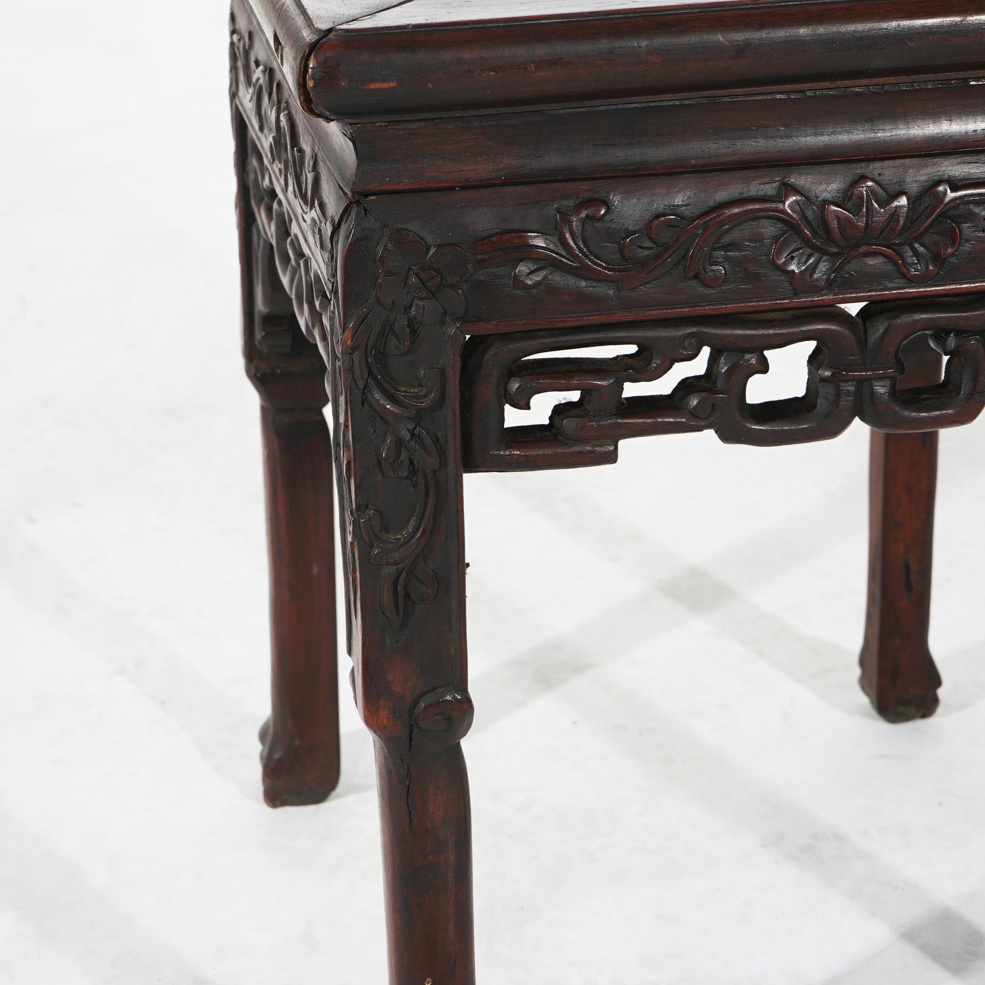 Antique Chinese Foliate Carved Rosewood Stand with Inset Rouge Marble Top C1910 For Sale 1