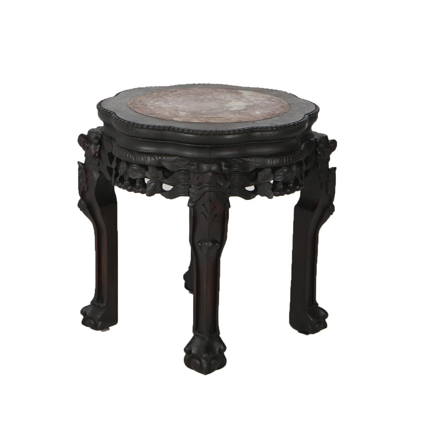 Antique Chinese Foliate Carved Rosewood Stand with Inset Rouge Marble Top C1910 For Sale 1