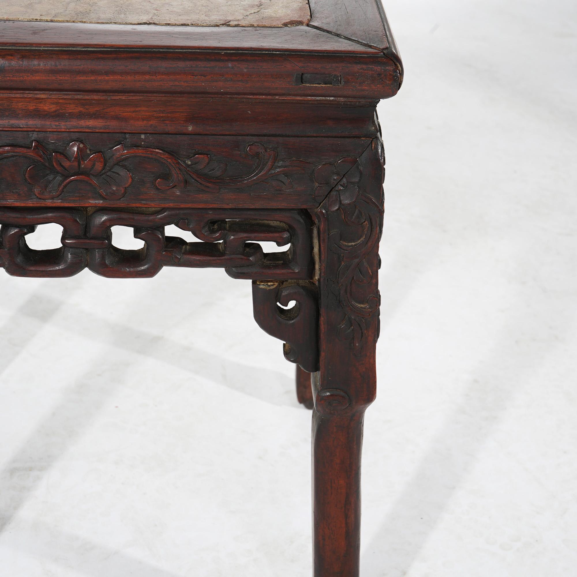 Antique Chinese Foliate Carved Rosewood Stand with Inset Rouge Marble Top C1910 For Sale 2