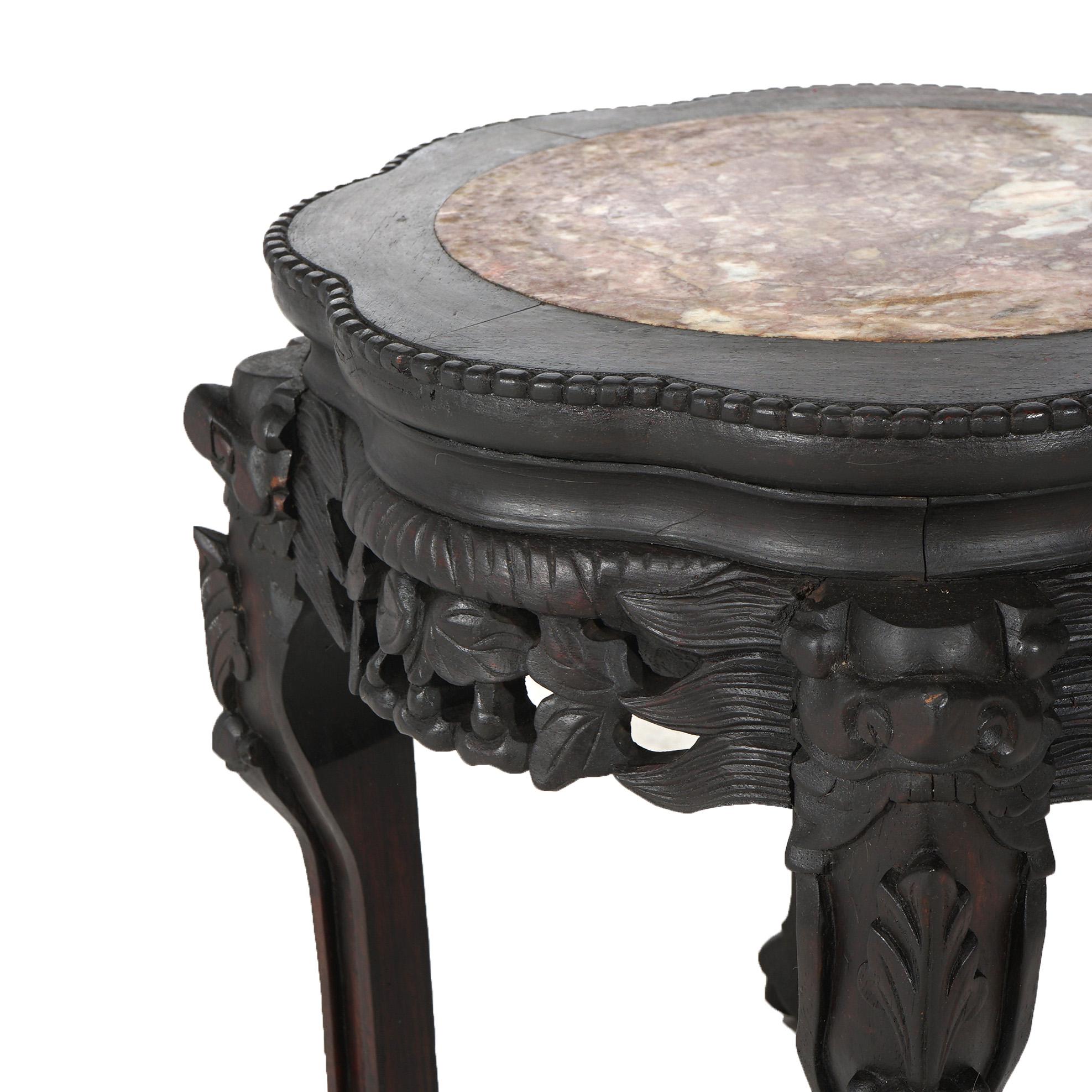 Antique Chinese Foliate Carved Rosewood Stand with Inset Rouge Marble Top C1910 For Sale 3