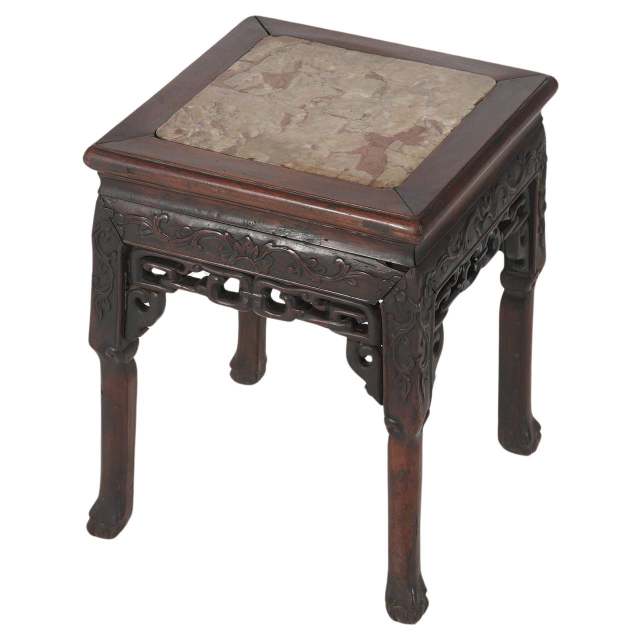 Antique Chinese Foliate Carved Rosewood Stand with Inset Rouge Marble Top C1910 For Sale