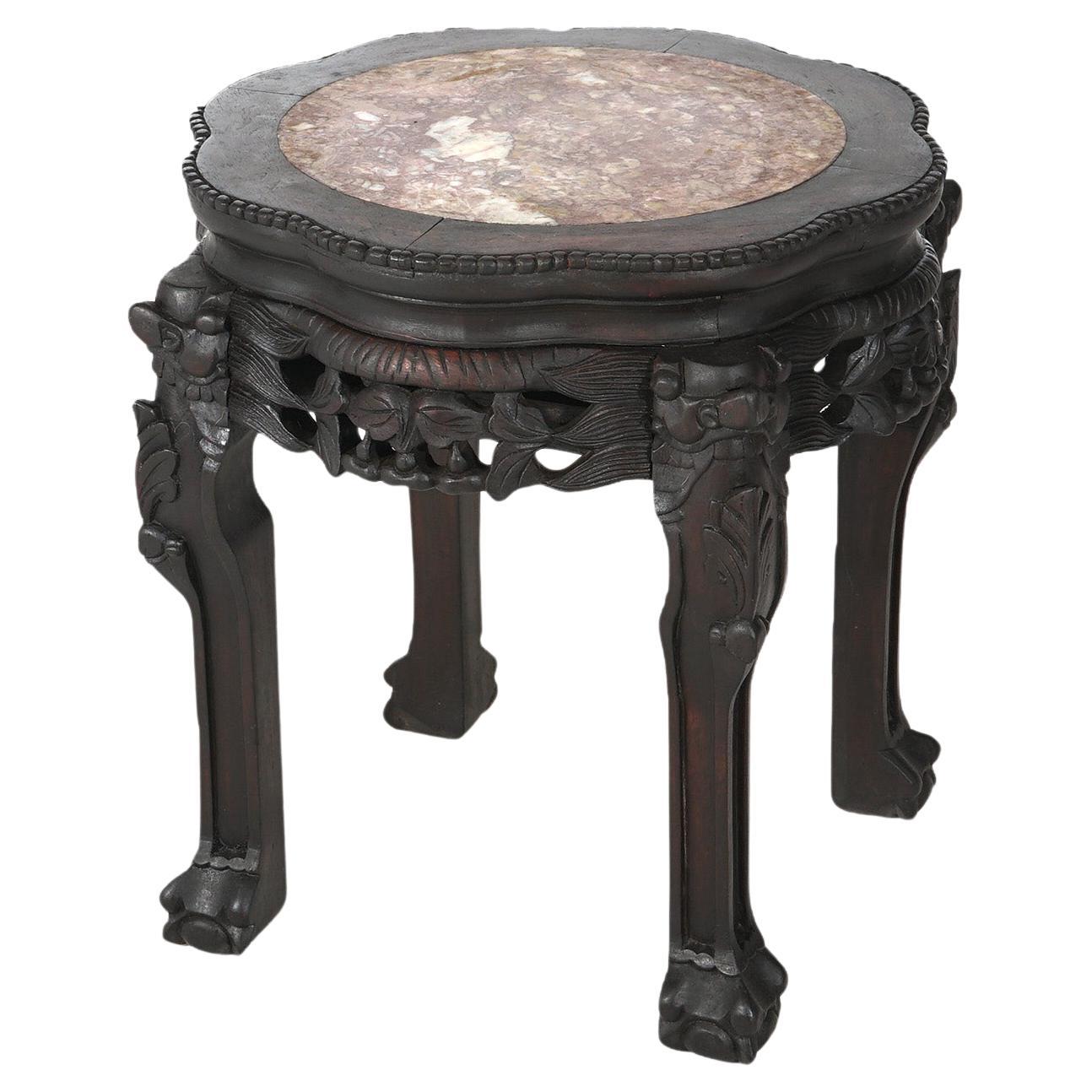 Antike chinesische Blattwerk geschnitzt Rosewood Stand mit Inset Rouge Marmorplatte C1910 im Angebot
