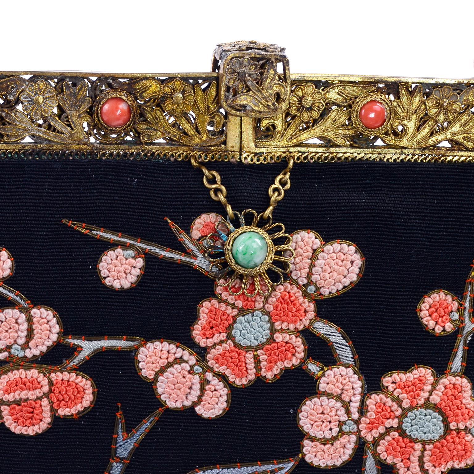 Antique Chinese Forbidden Stitch Floral Embroidered Evening Bag w Jade and Coral 2