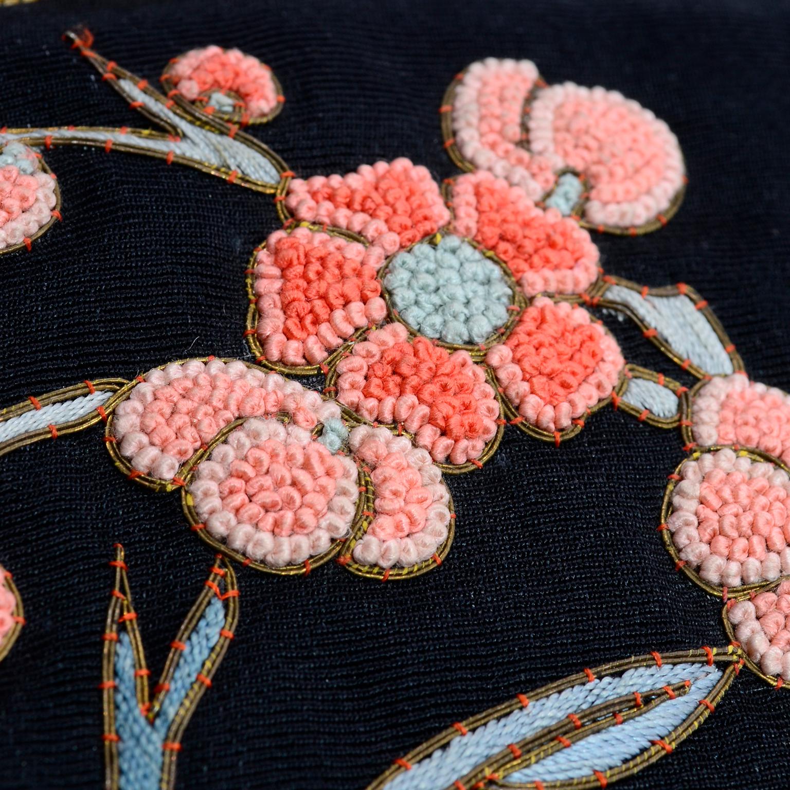 Antique Chinese Forbidden Stitch Floral Embroidered Evening Bag w Jade and Coral In Good Condition In Portland, OR