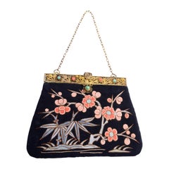 Antique Chinese Forbidden Stitch Floral Embroidered Evening Bag w Jade and Coral
