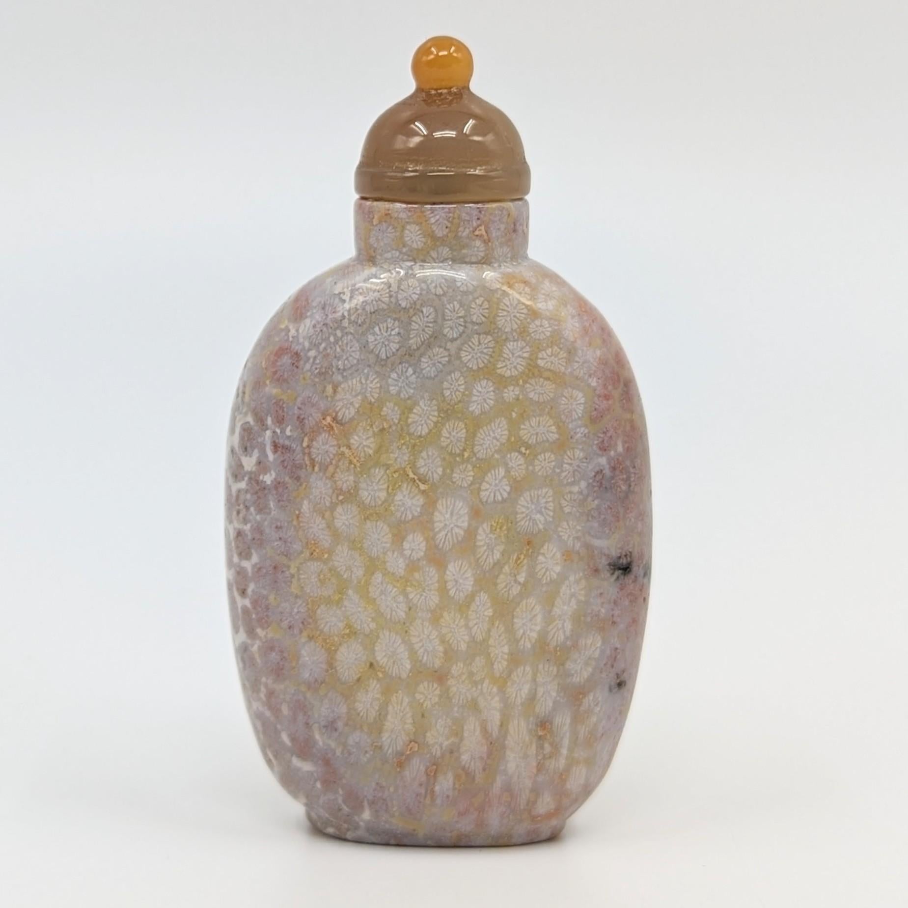 Antique Chinese fossil containing hardstone snuff bottle with an agate stopper and hardwood spoon, raised on a flat foot ring. The material displays beautiful ，fossilized polyps patterns and colors including hues of white, yellow, pink and