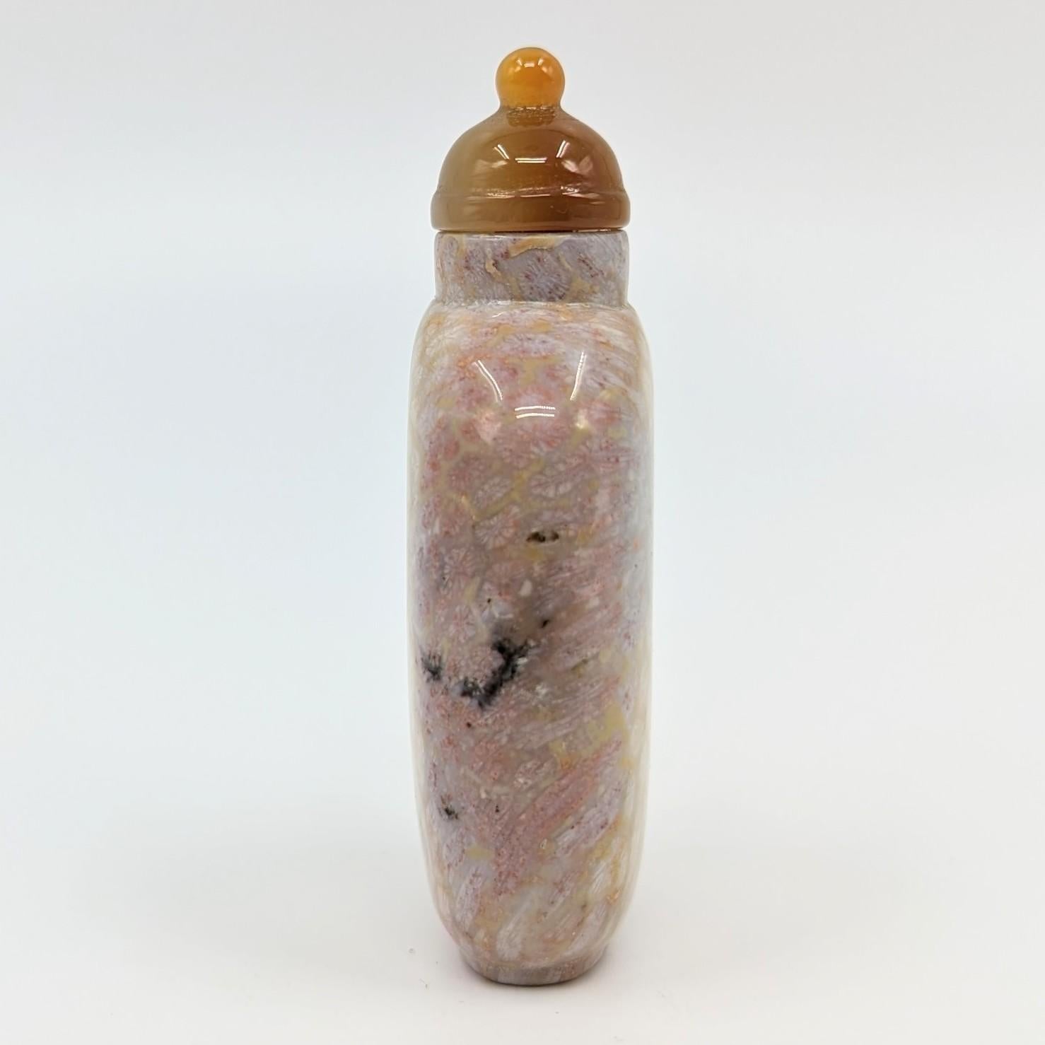 Antique Chinese Fossil Hardstone Snuff Bottle with Carved Agate Stopper 19c Qing 1