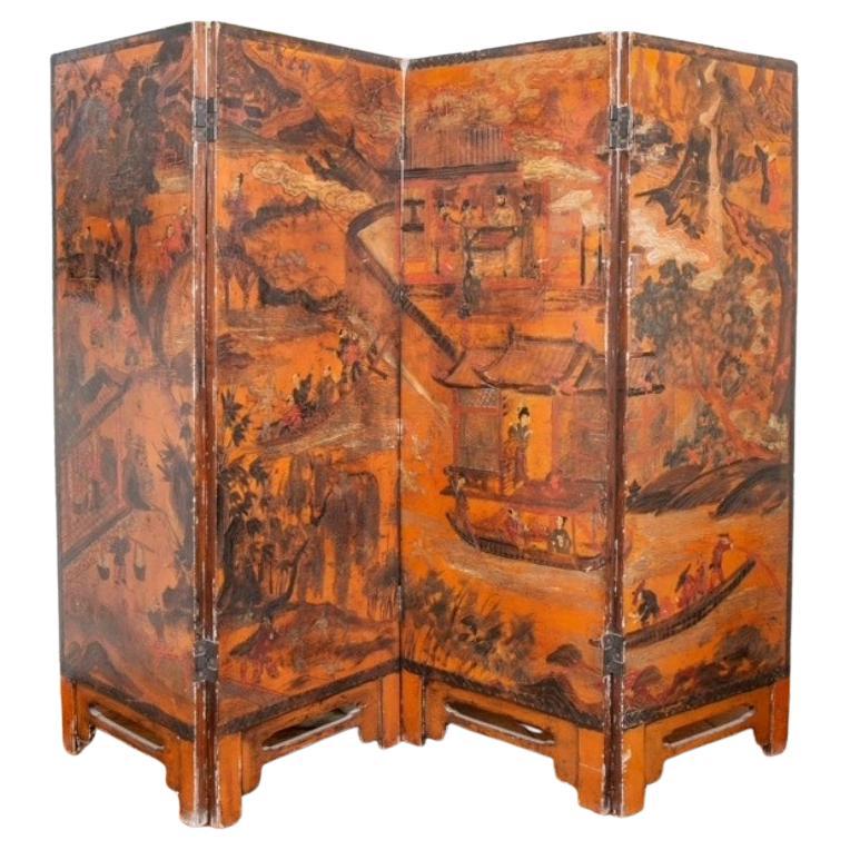 Écran chinois ancien à quatre feuilles peint à la main