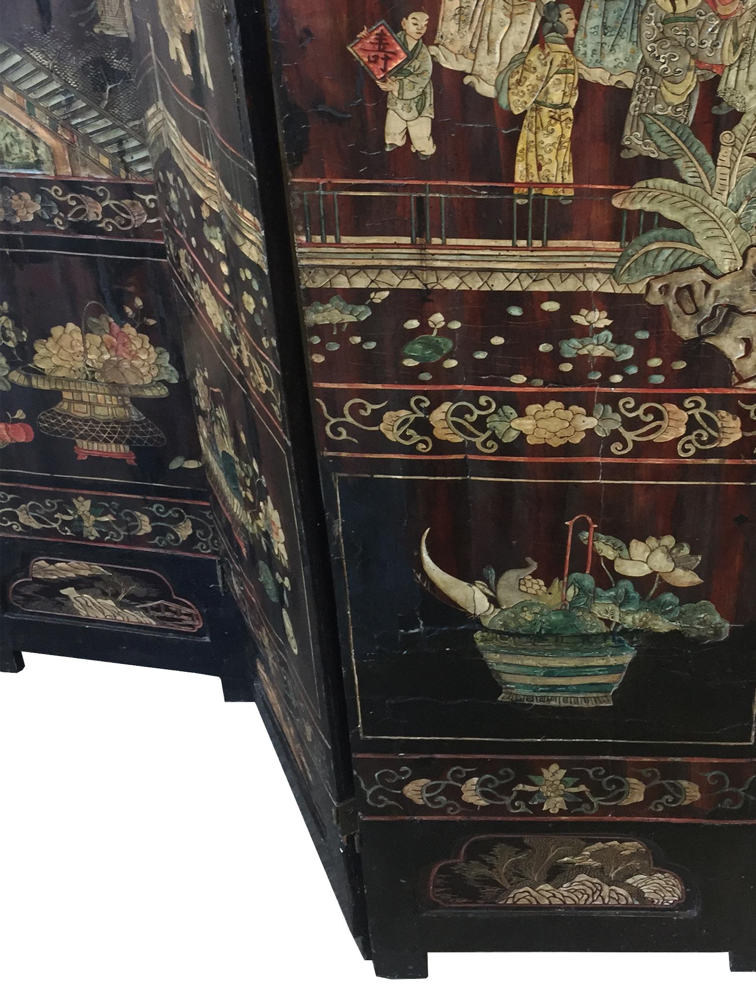 19th Century Antique Chinese Four-Panel Coromandel Folding Screen