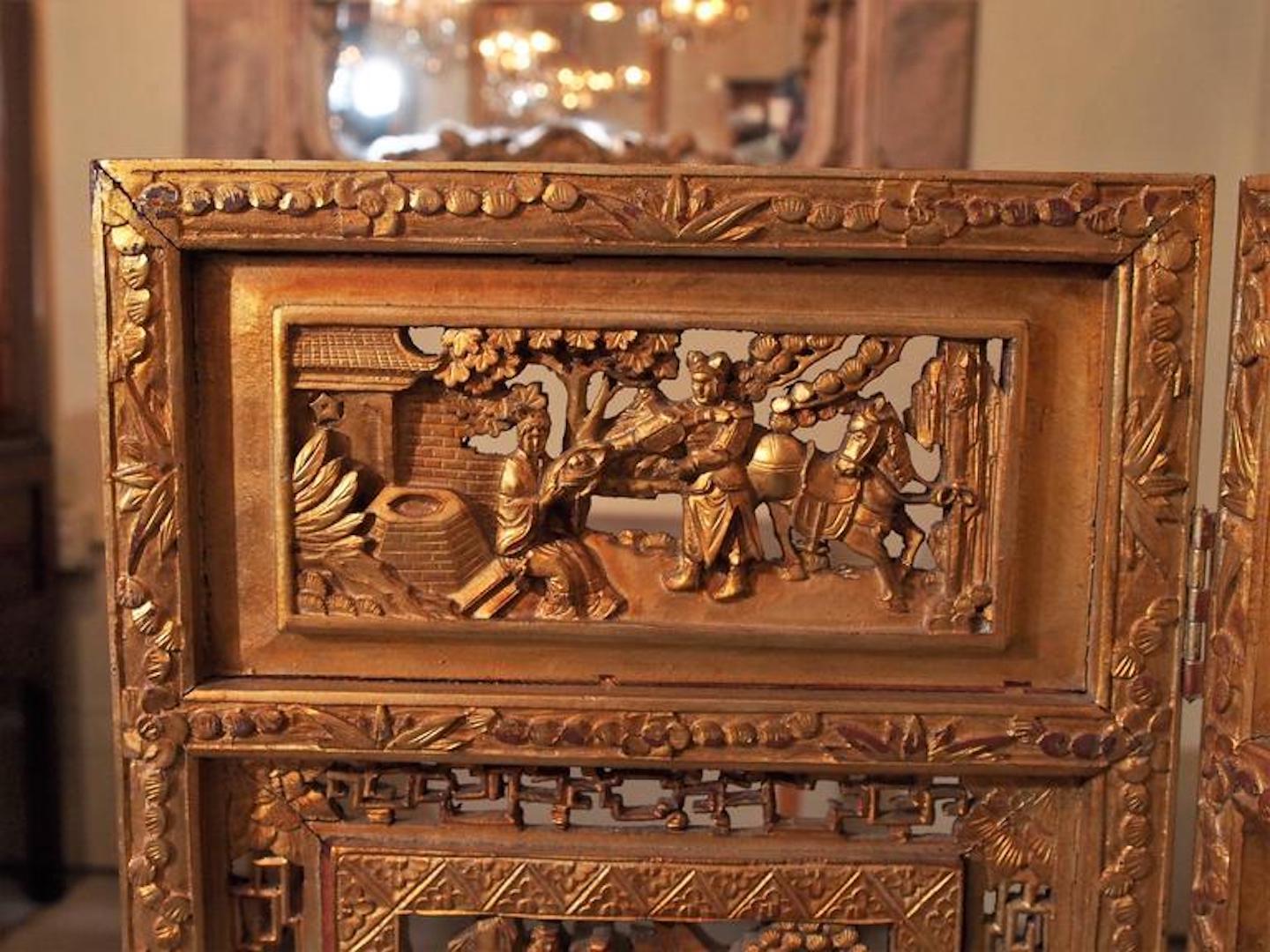 Paravent chinois ancien à quatre panneaux Bon état à New Orleans, LA