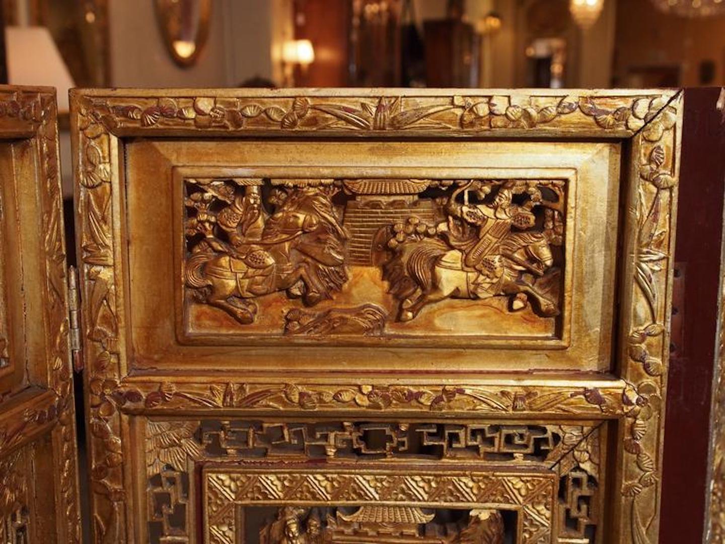 20ième siècle Paravent chinois ancien à quatre panneaux