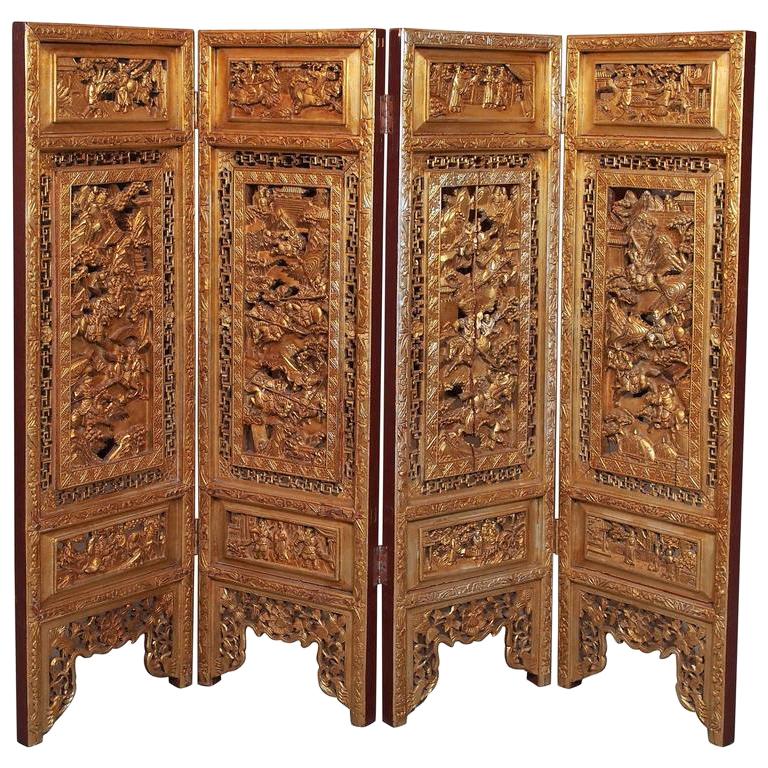 Paravent chinois ancien à quatre panneaux